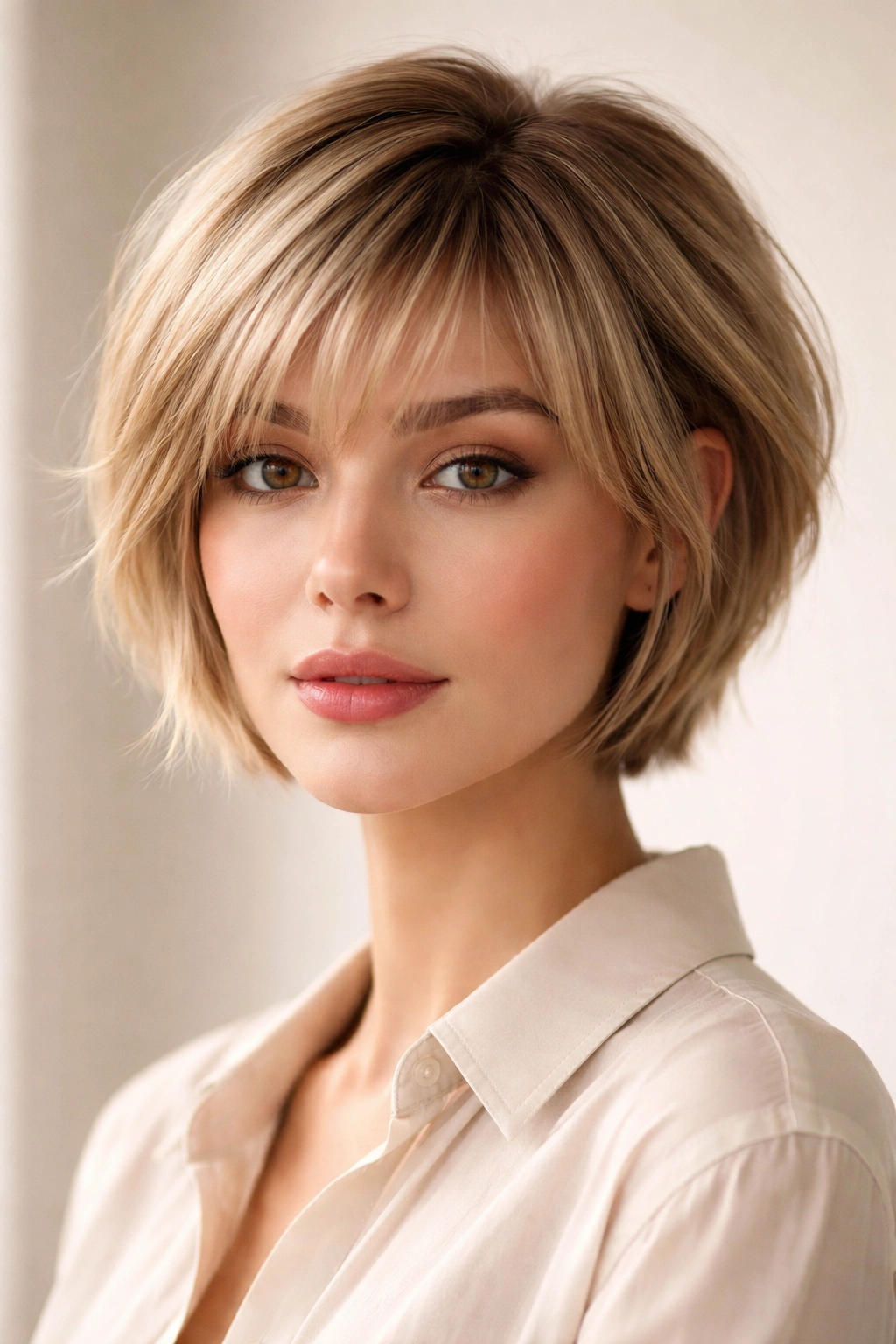 Close-up portrait of a model with a pixie-bob hybrid and soft feathered bangs