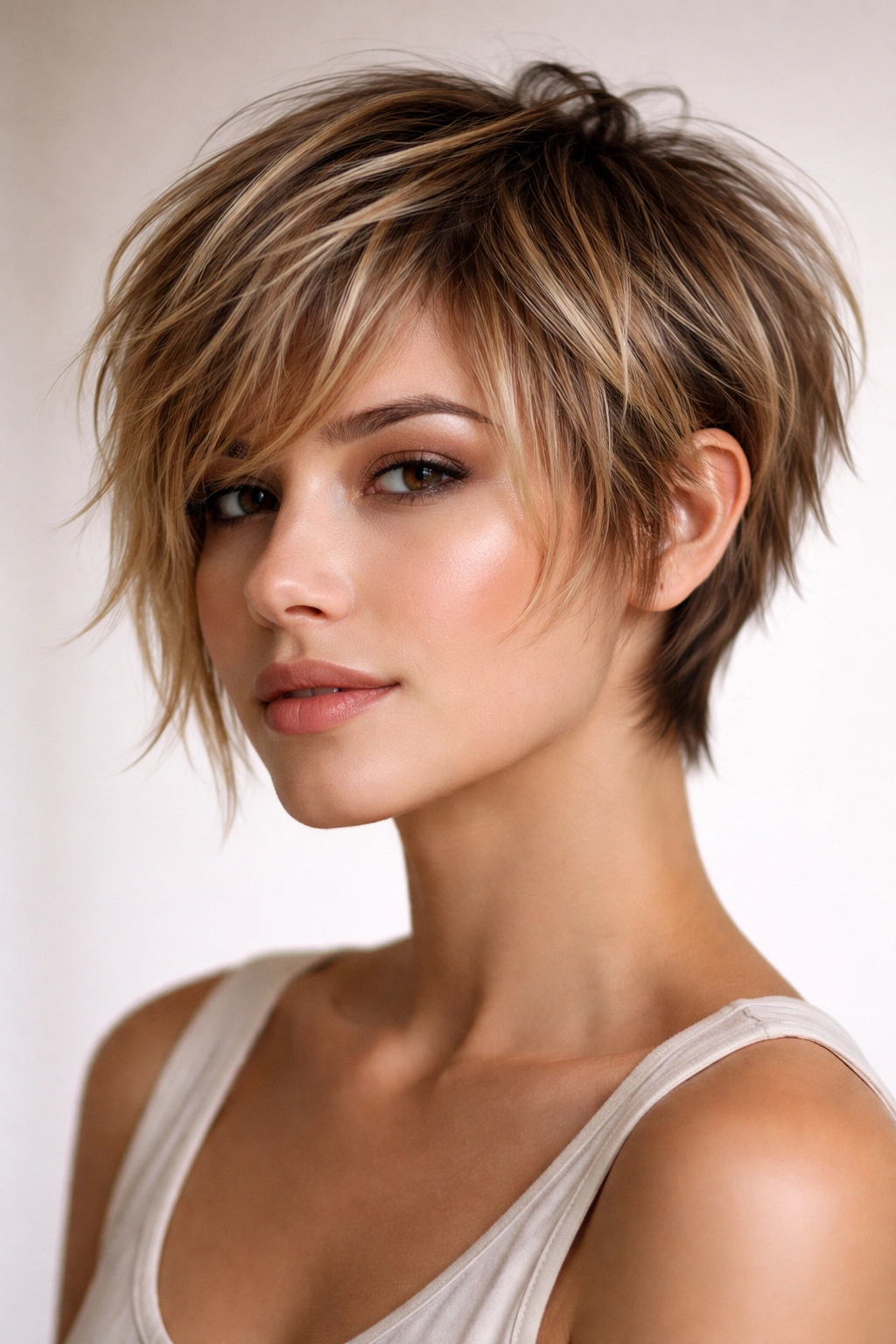 15 Choppy Short Haircuts Loaded With Texture 4 Frontal portrait of a model with a choppy pixie bob hybrid featuring short back and longer front pieces.