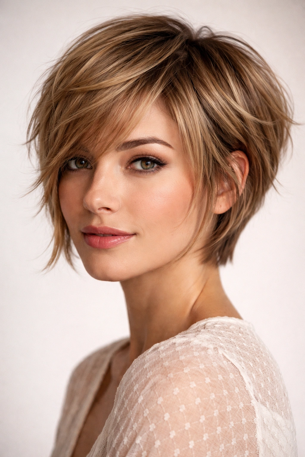 Textured pixie-bob hybrid with feathered layers framing the face.
