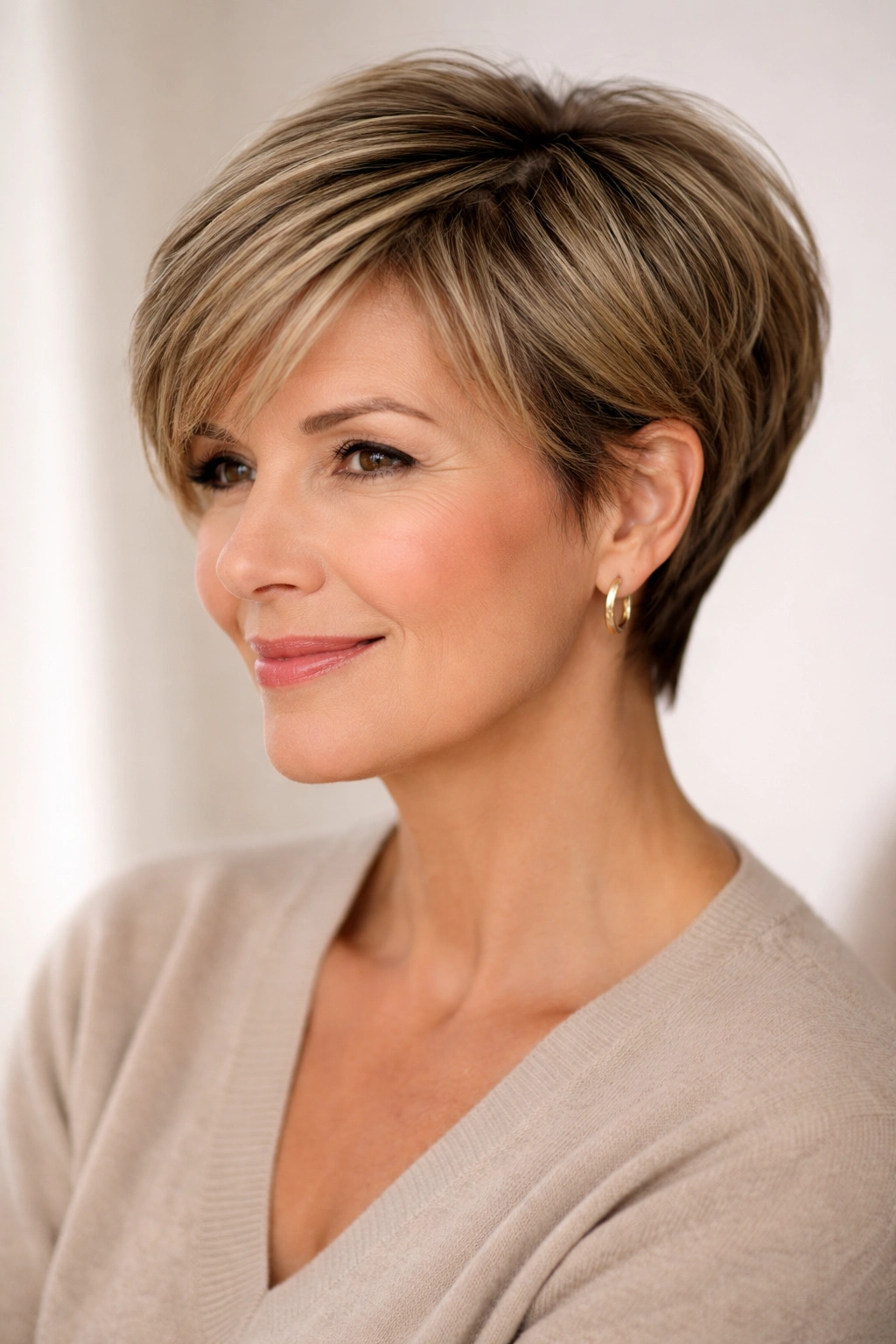 12 Short Hairstyles For Round Faces Over 50 10 Side-front view of a grown-out pixie or pixie-bob hybrid on a round-faced model over 50