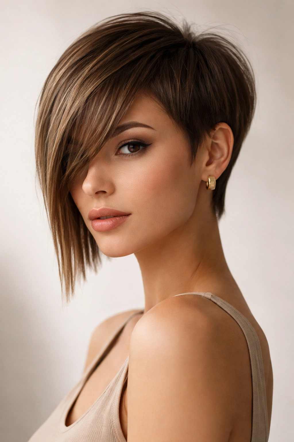 Model with a straight pixie-bob hybrid hairstyle