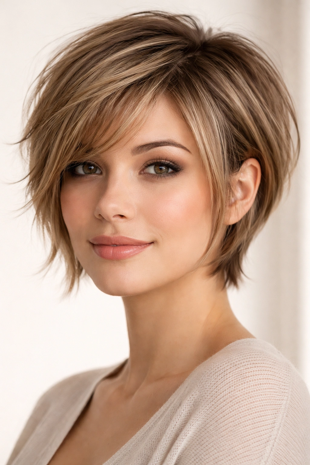 Portrait of a person with a layered pixie-bob hybrid hairstyle.