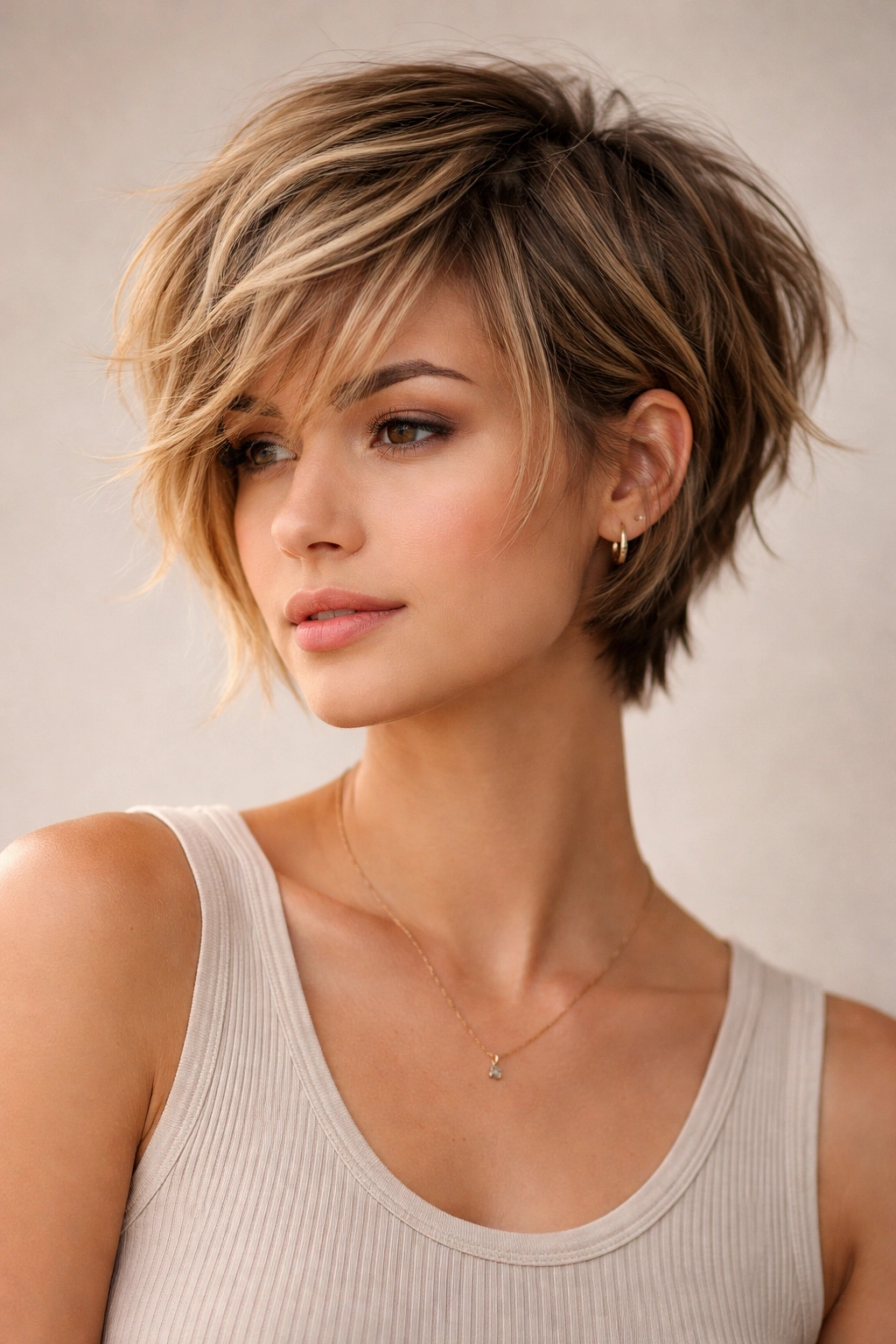 20 Really Short Haircuts Anyone Can Pull Off 18 Portrait of a short choppy pixie-bob hybrid with textured layers.
