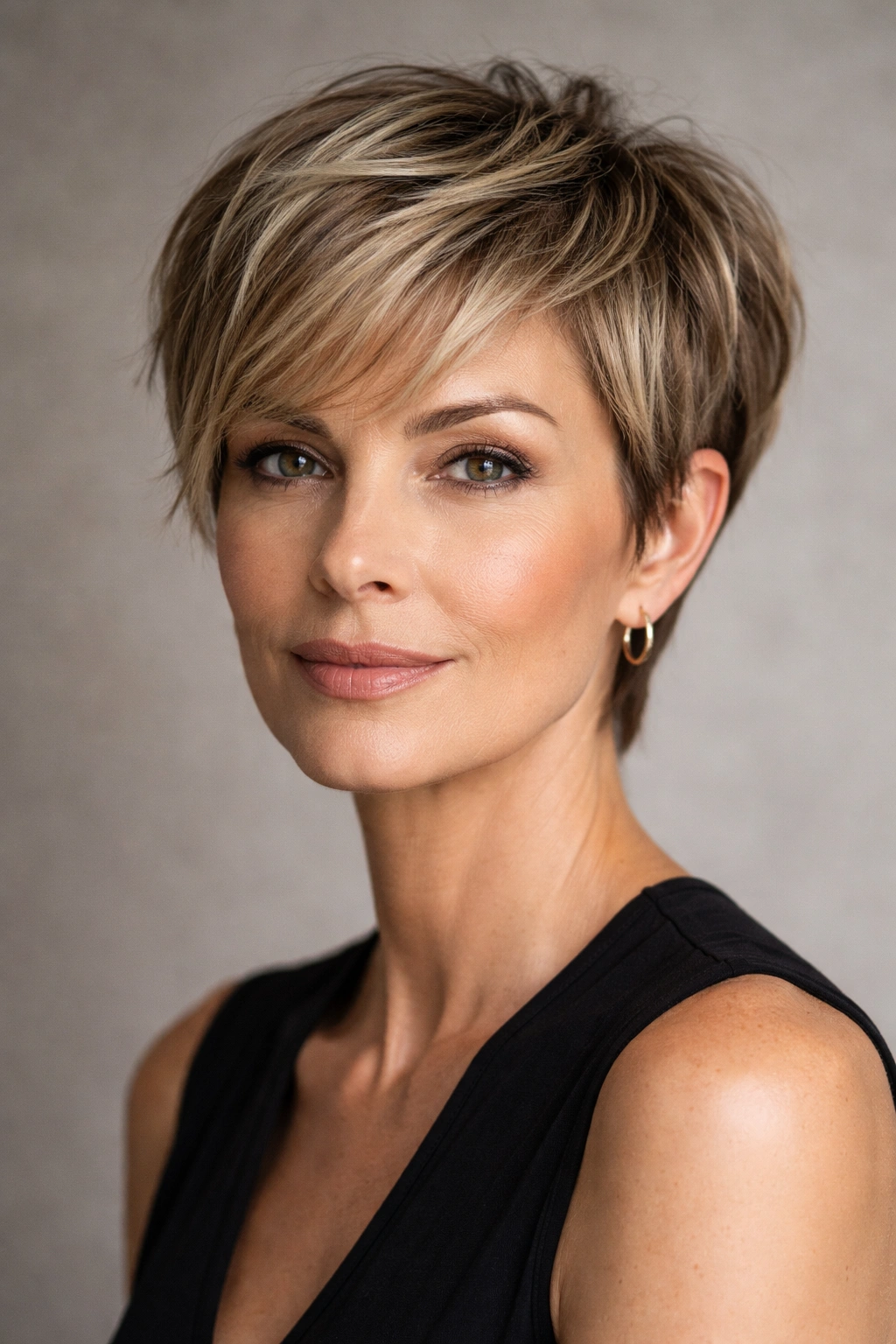 Close-up portrait of a mature woman with a pixie-bob hybrid haircut emphasizing bone structure