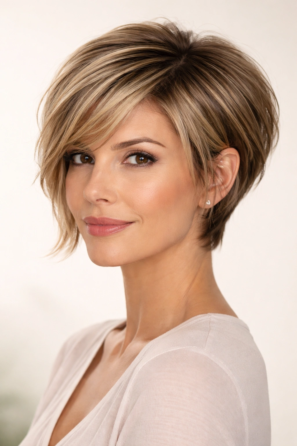 Close-up of a pixie-bob hybrid haircut with crown volume and face-framing length.