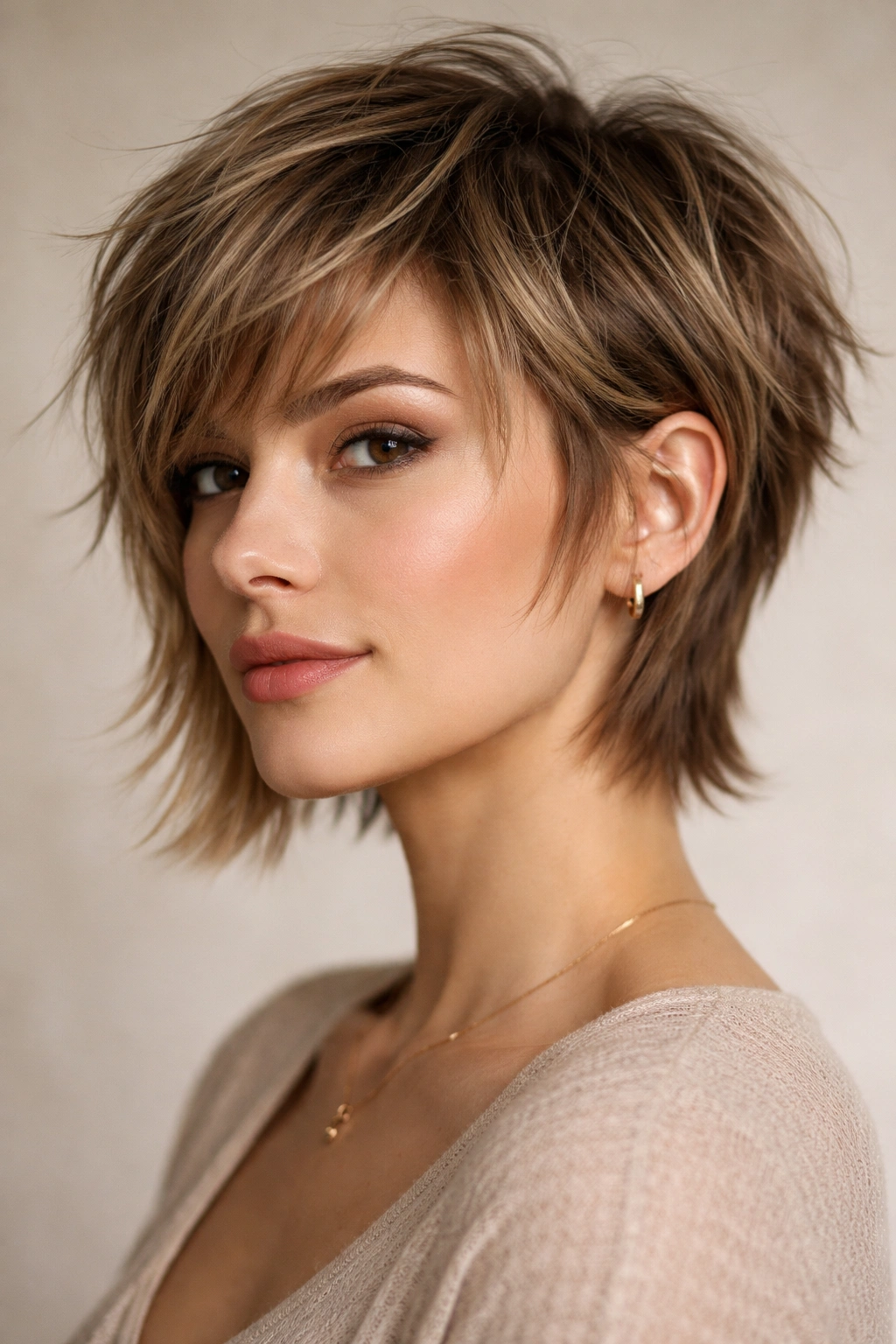 10 Longer Pixie Cuts With A Soft Feminine Feel 10 Model with choppy pixie bob hybrid hairstyle showing layered top