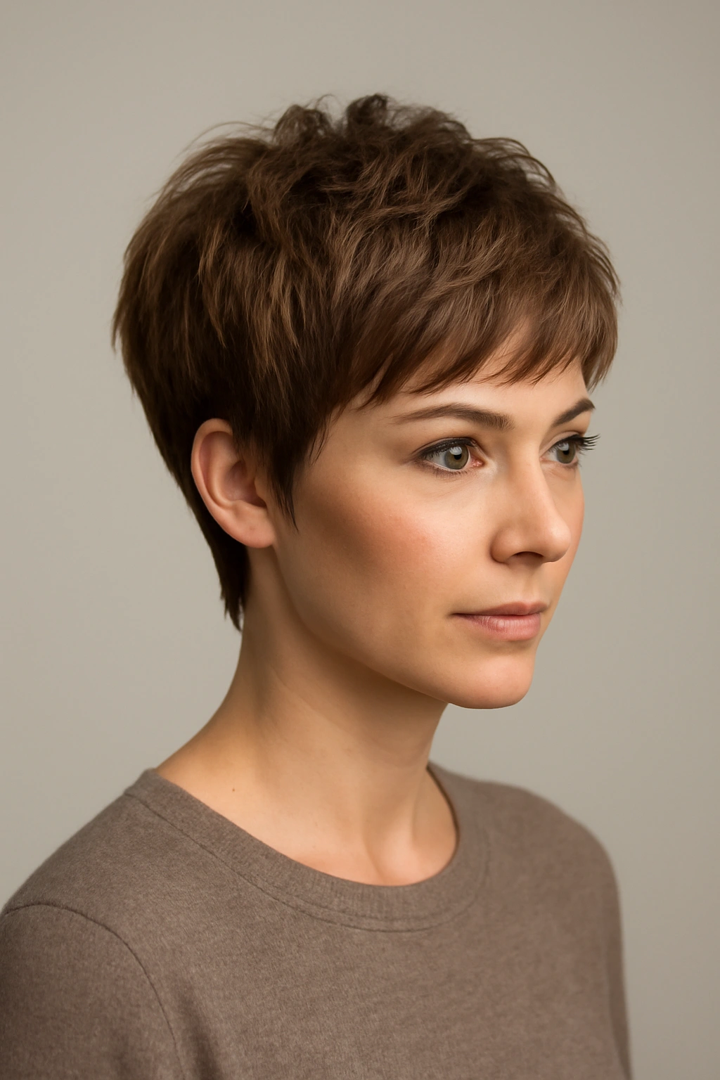 Pixie-bob hybrid hairstyle with textured top and blended sides