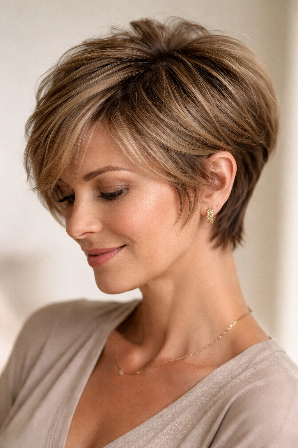 15 Short Haircuts That Instantly Make You Look Younger 5 Soft layered pixie-bob hybrid hairstyle close-up portrait.