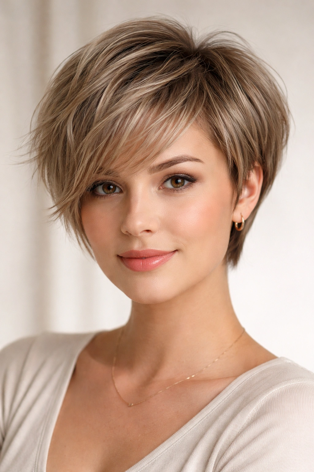 Close-up portrait of a person with layered pixie-bob hybrid hairstyle for round faces with fine hair