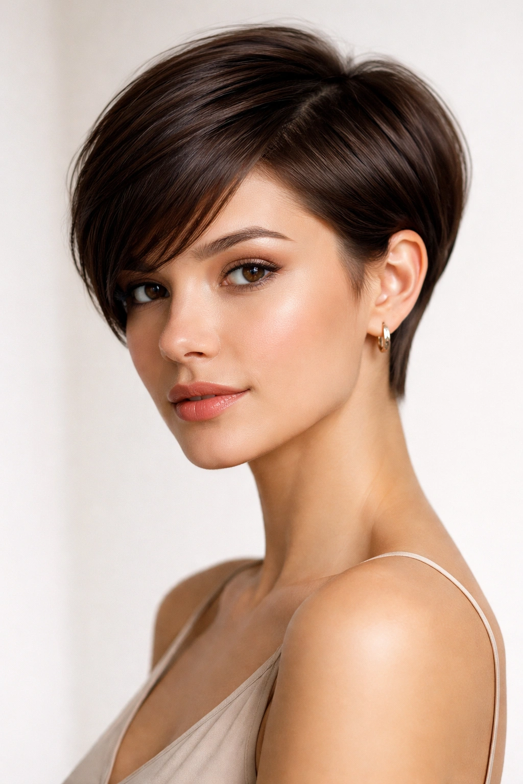 Portrait of a person with a sleek pixie bob hybrid showing top length and tapered sides
