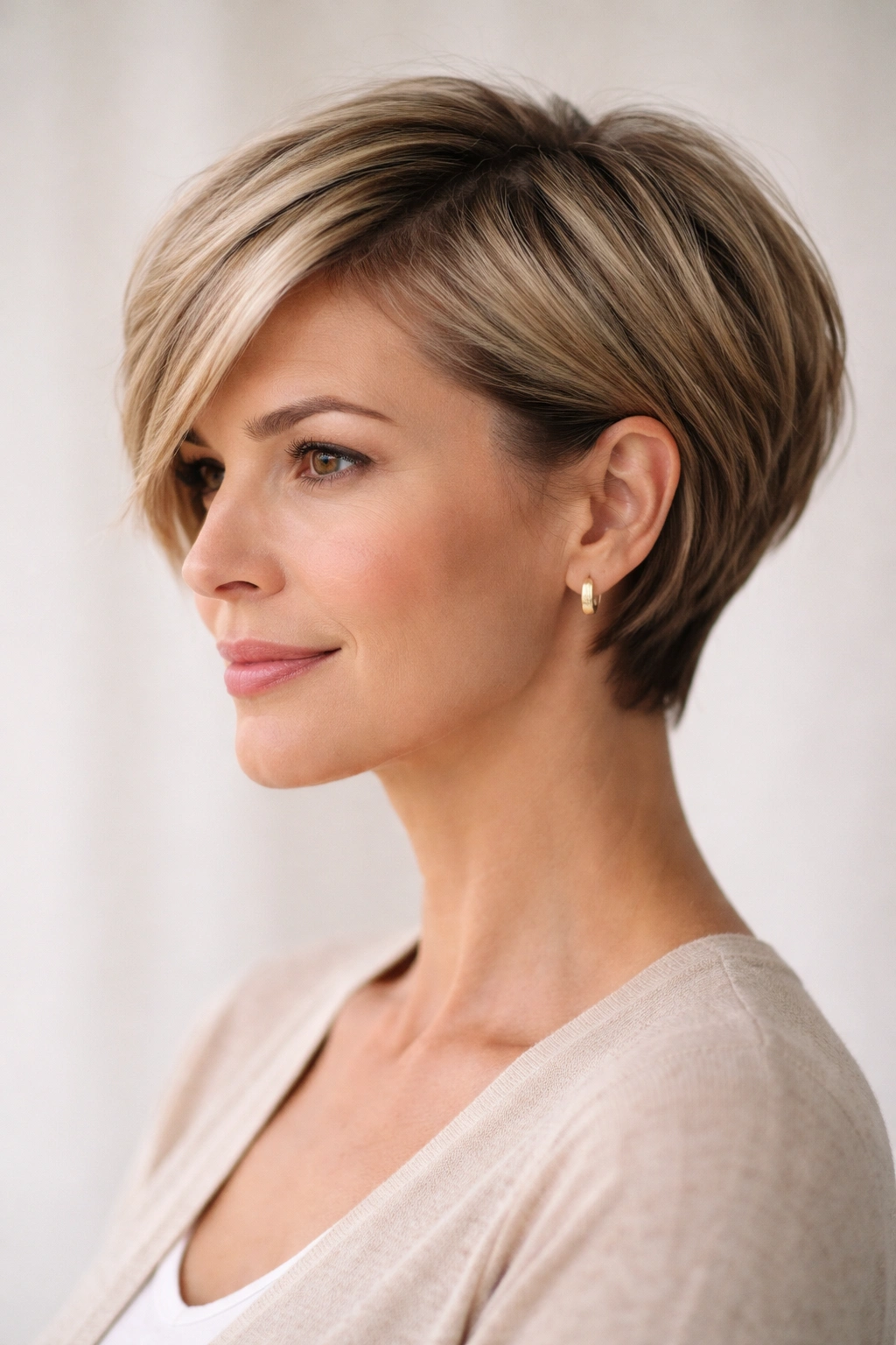 12 Pixie Cuts That Look Stunning In Your 40s 5 Three-quarter view of a pixie bob hybrid showing top length and tapered sides.
