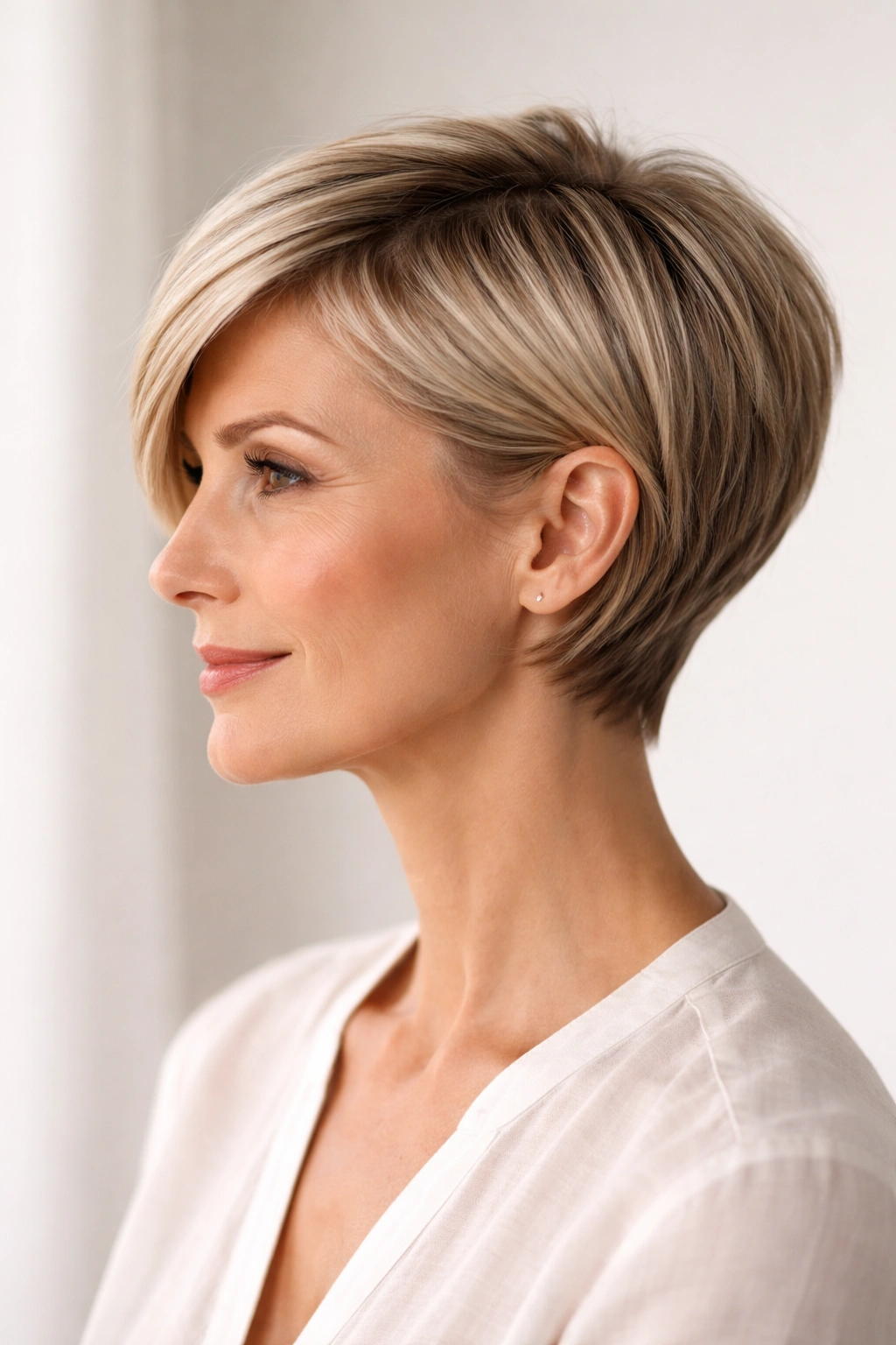 Profile view of a woman with a sleek pixie-bob hybrid haircut