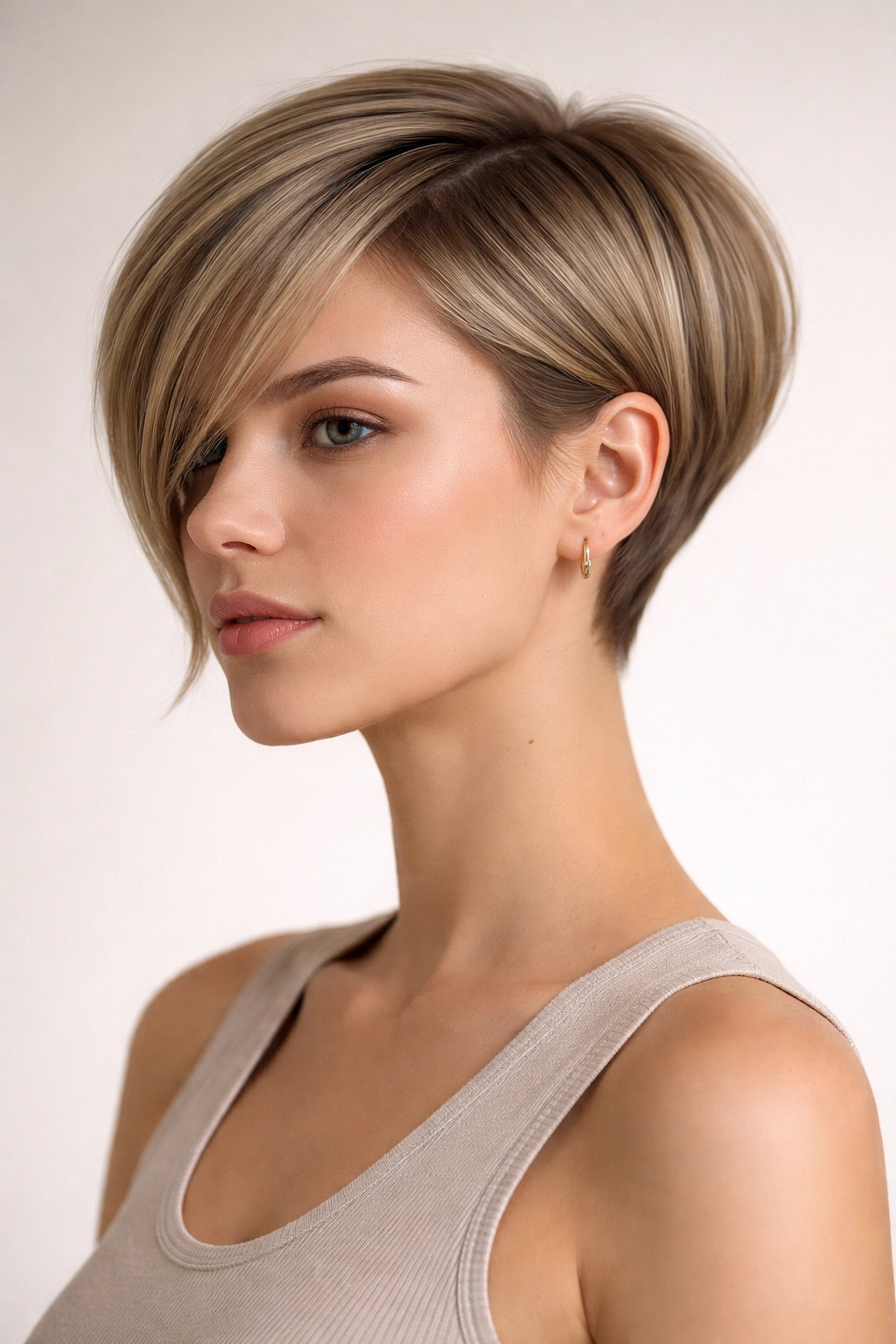 12 Short To Medium Straight Cuts That Look Clean 8 Minimalist pixie-bob hybrid haircut with short crown and longer front in a studio portrait