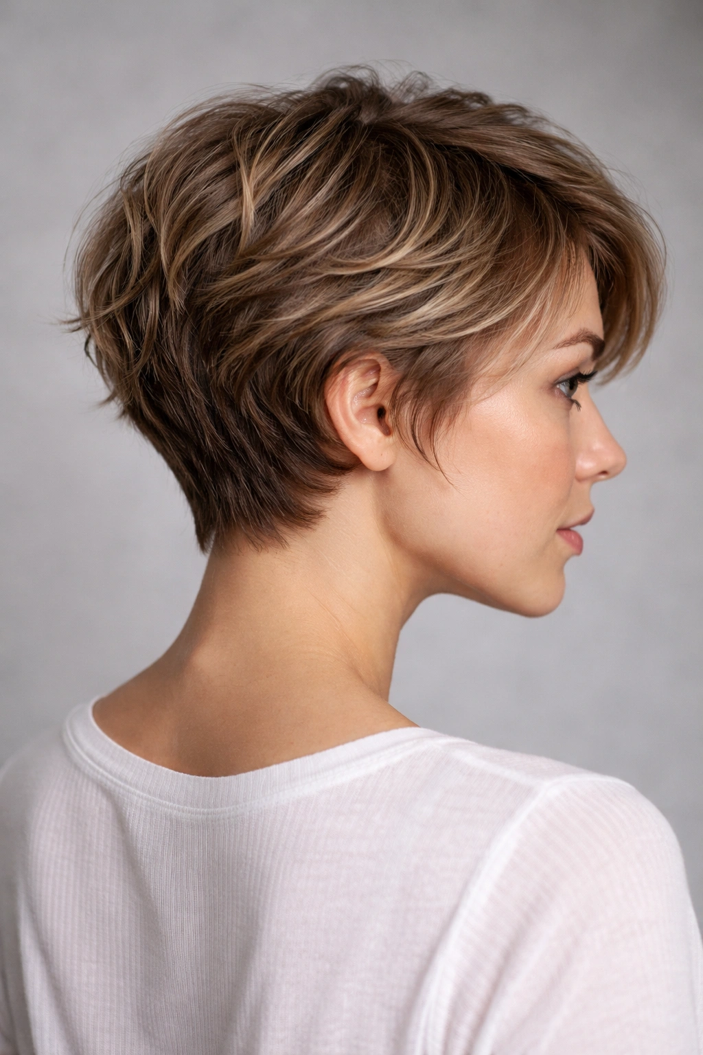 Pixie-Bob hybrid hairstyle showing mid-length textured layers