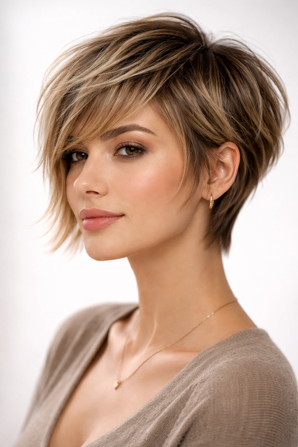 Portrait of The Textured Pixie-Bob Hybrid haircut with a short crown and longer front pieces in a bright studio