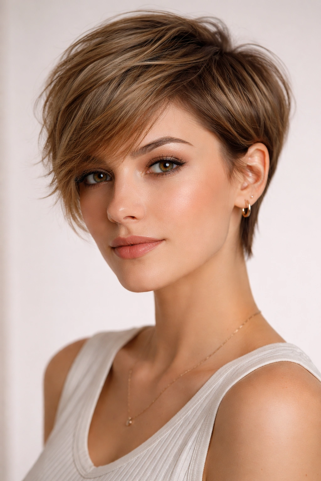 Pixie-bob hybrid hairstyle with short sides and longer front