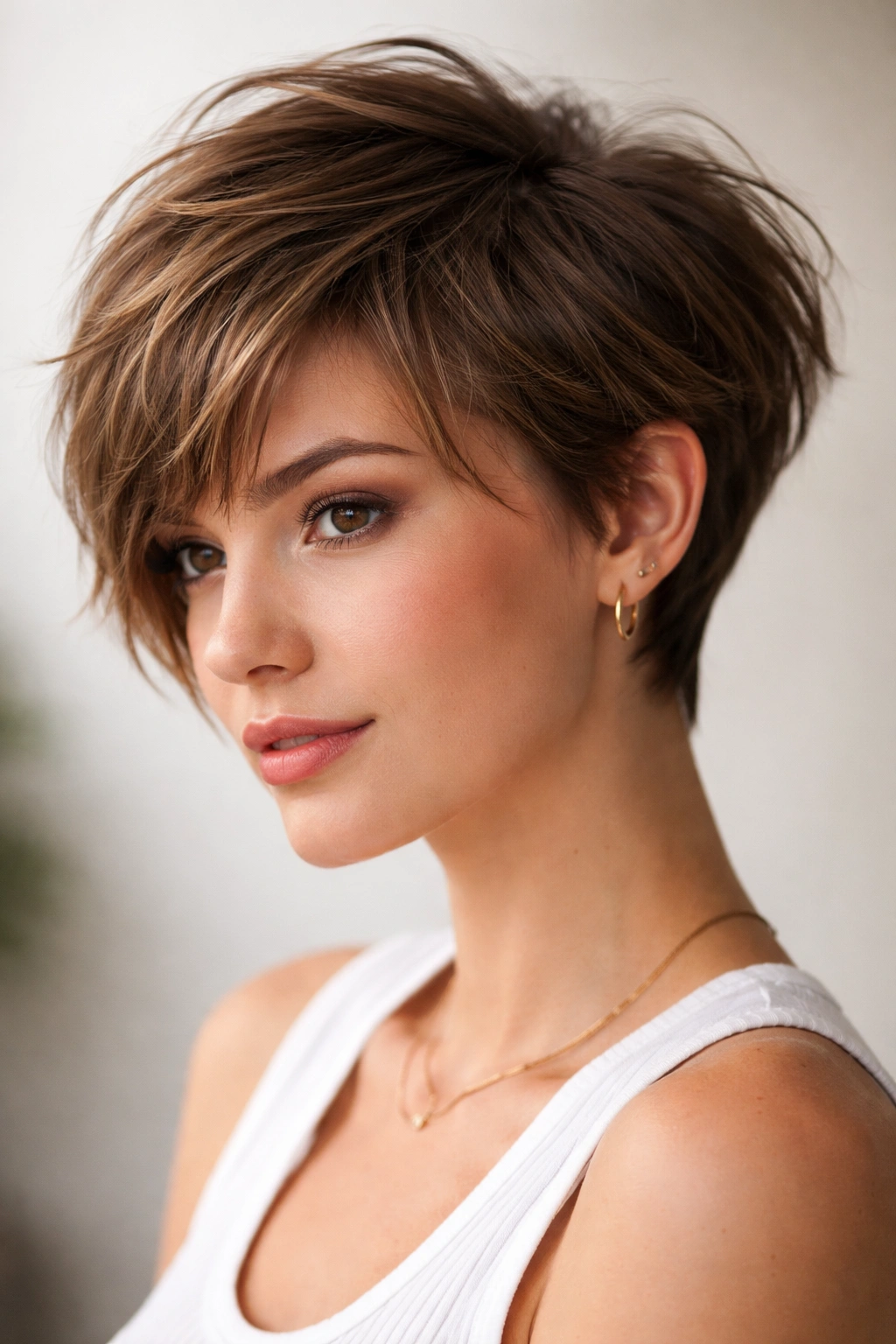 Portrait of a person with a textured pixie-bob hybrid showing short back and sides with layered front for volume.