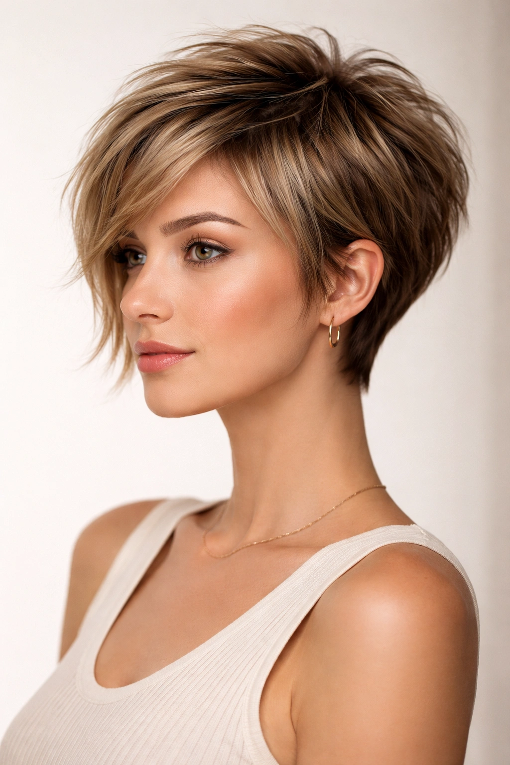 Head-and-shoulders portrait of a textured pixie-to-bob hybrid hairstyle with layered crown