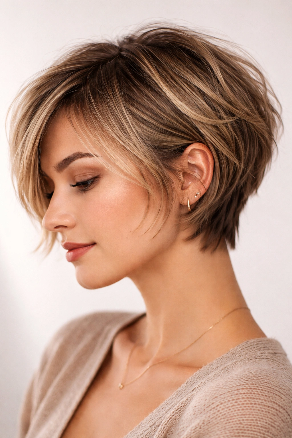 15 Short Layered Haircuts With Beautiful Movement 2 Close-up of a textured Pixie Bob Hybrid cut with layered top and soft edges