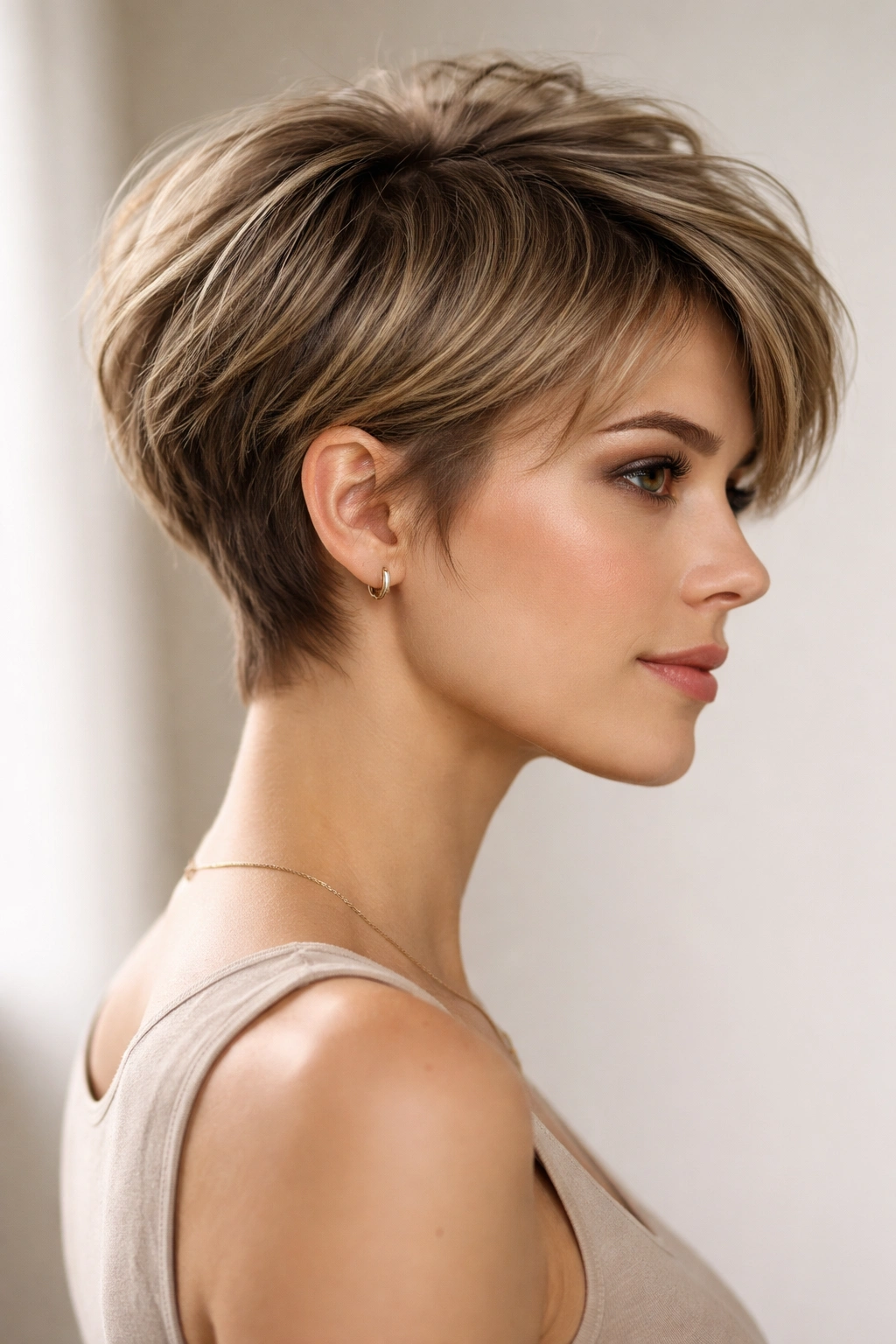 12 Short Choppy Haircuts With Natural Movement 2 Side view of pixie-bob hybrid with short crown and longer back, showing textured layering.