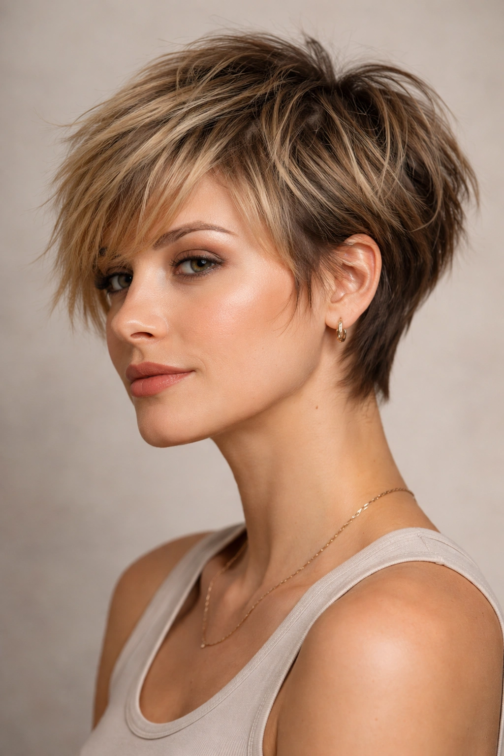 Choppy pixie-bob hybrid hairstyle with layered texture