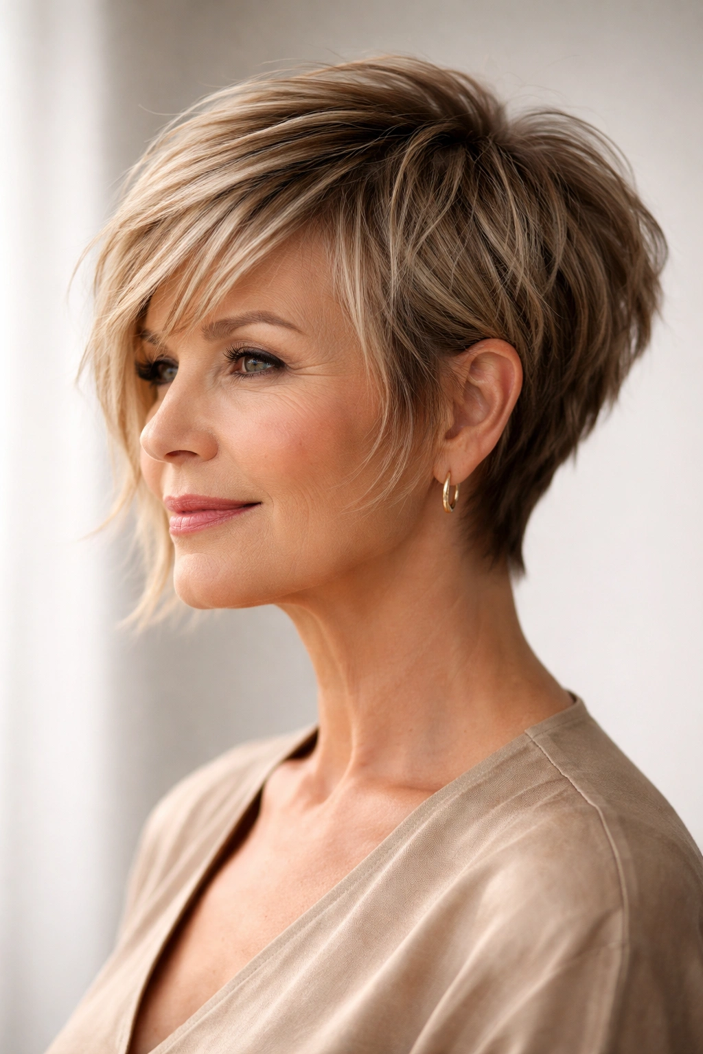 Model with a textured pixie-bob hybrid featuring an angled, asymmetrical front