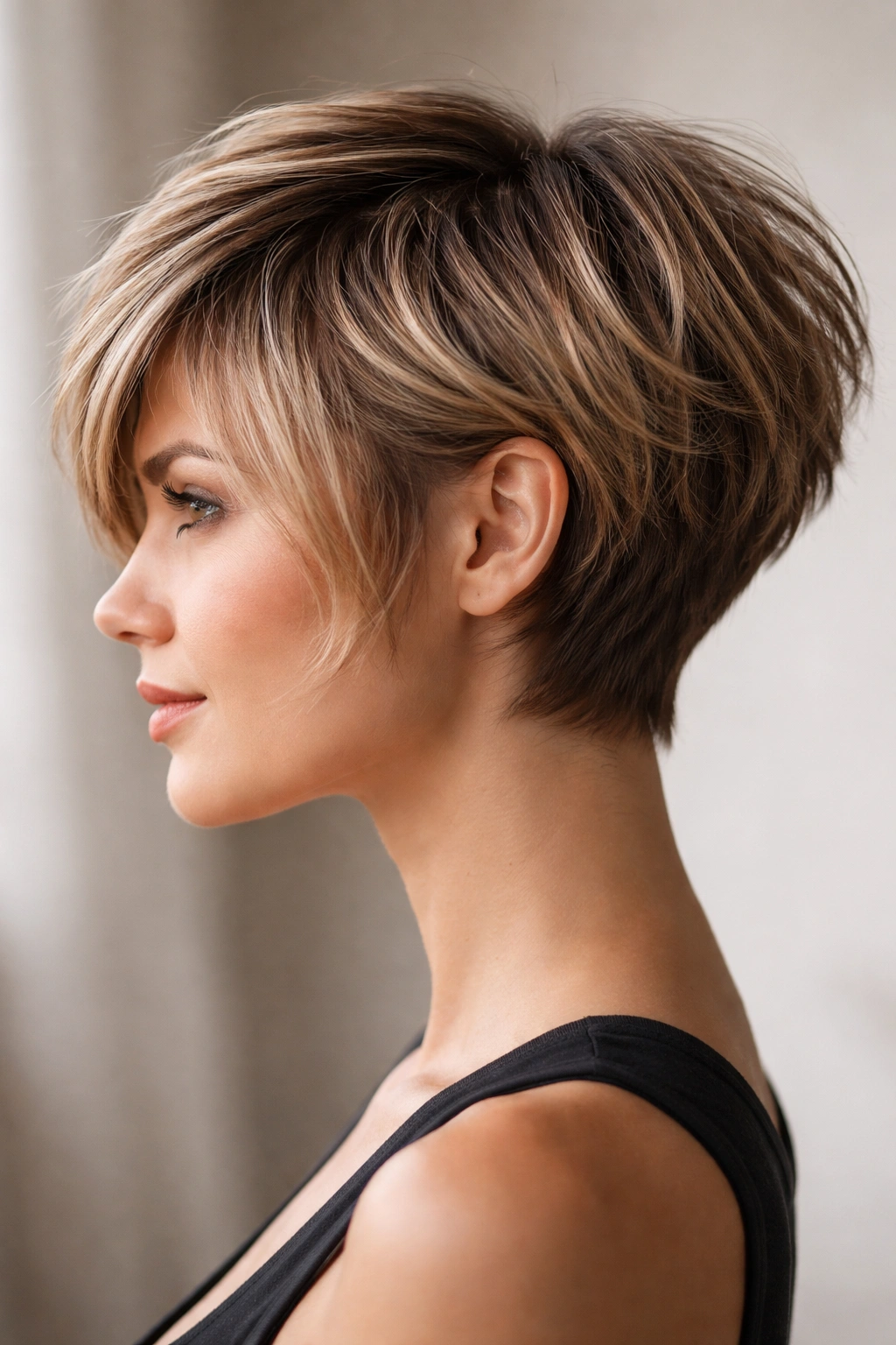 15 Angled Bob Haircuts From Subtle To Dramatic 7 Close-up profile of a textured pixie-bob hybrid haircut with cheekbone-length front and cropped back
