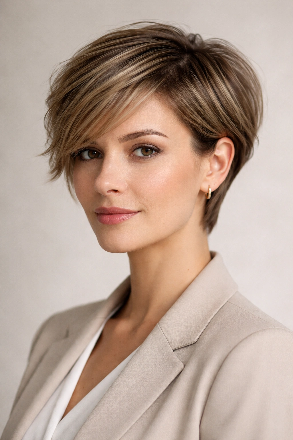 Close-up portrait of a person with a layered pixie-bob hybrid hairstyle