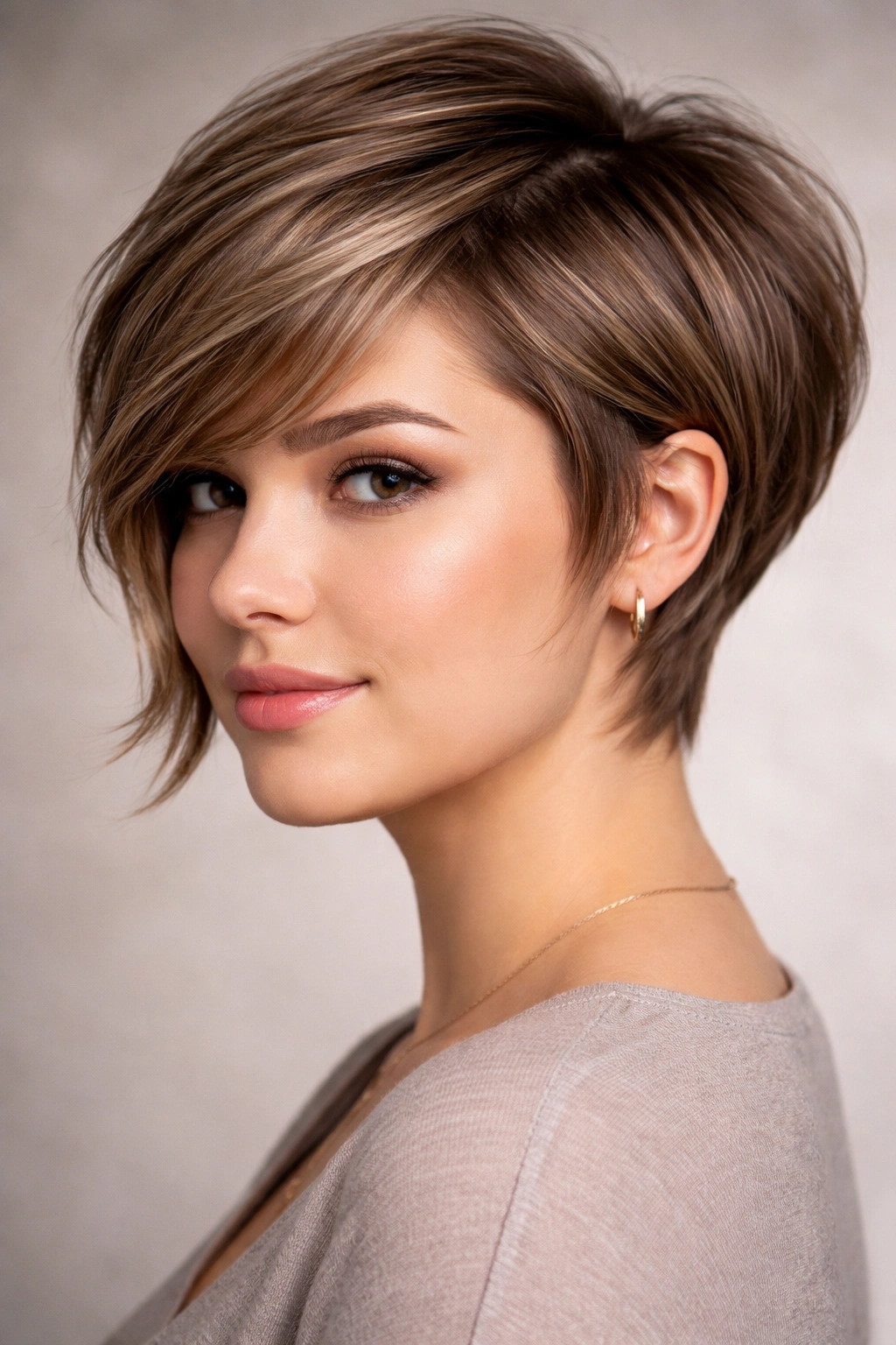 Close-up portrait of a person with a layered pixie-bob hybrid on a round face