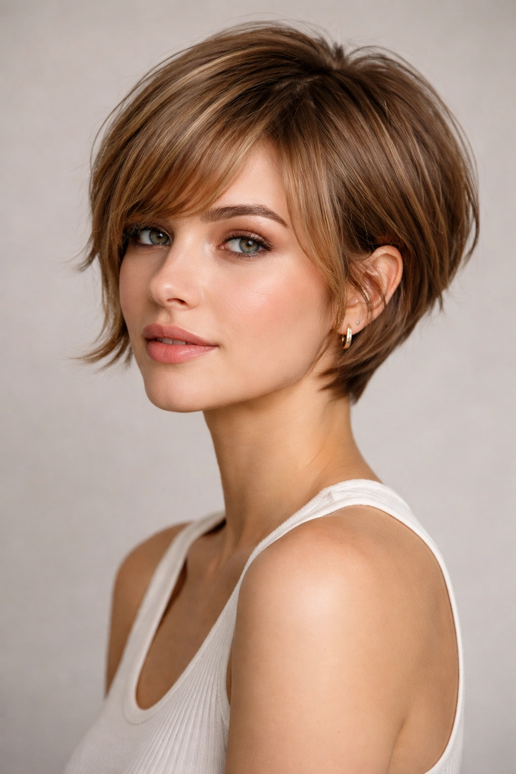 Close-up of a soft, rounded pixie-bob with face-framing pieces in a studio portrait