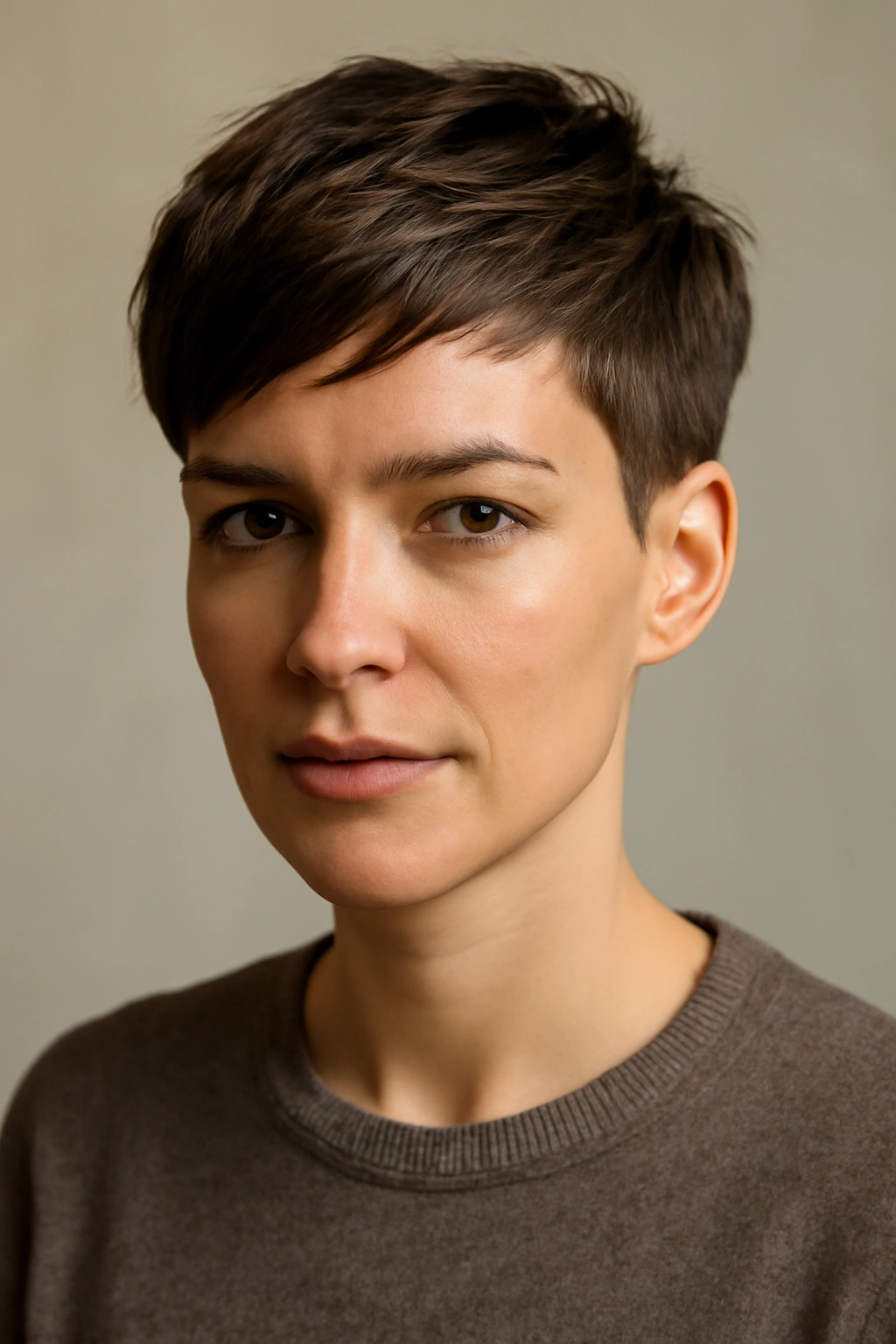 18 Short Bob Cuts For Fine And Thick Hair Alike 5 Close-up portrait of a person with a pixie bob showing short sides and longer top.