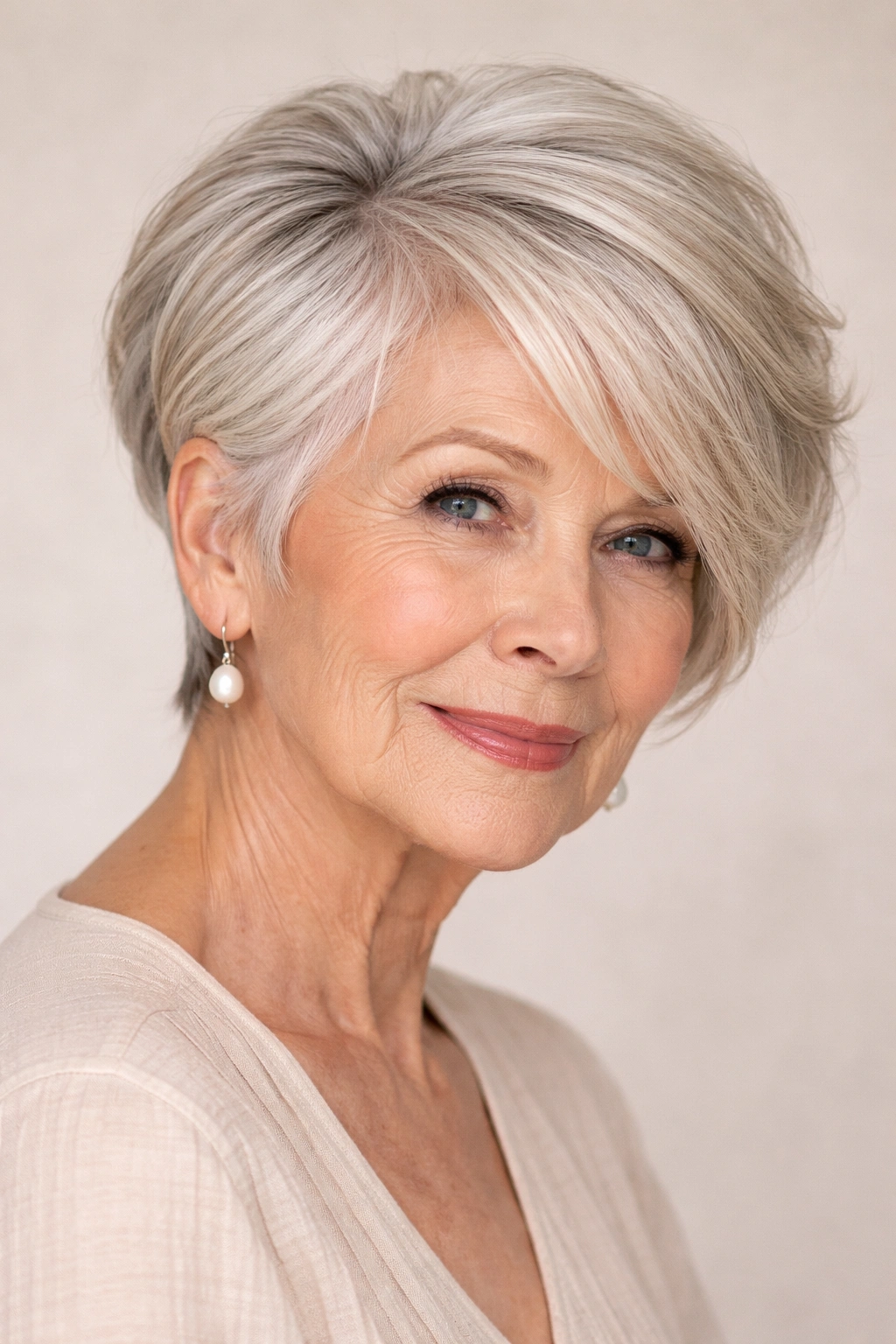 Close-up of a woman with a pixie bob and side-swept bangs, showing face framing layers.