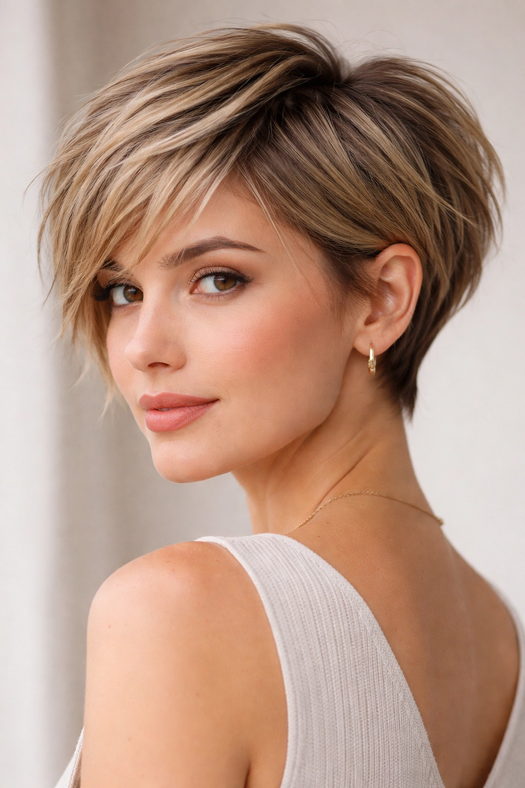 Portrait of a soft pixie-bob hybrid with layered, choppy texture