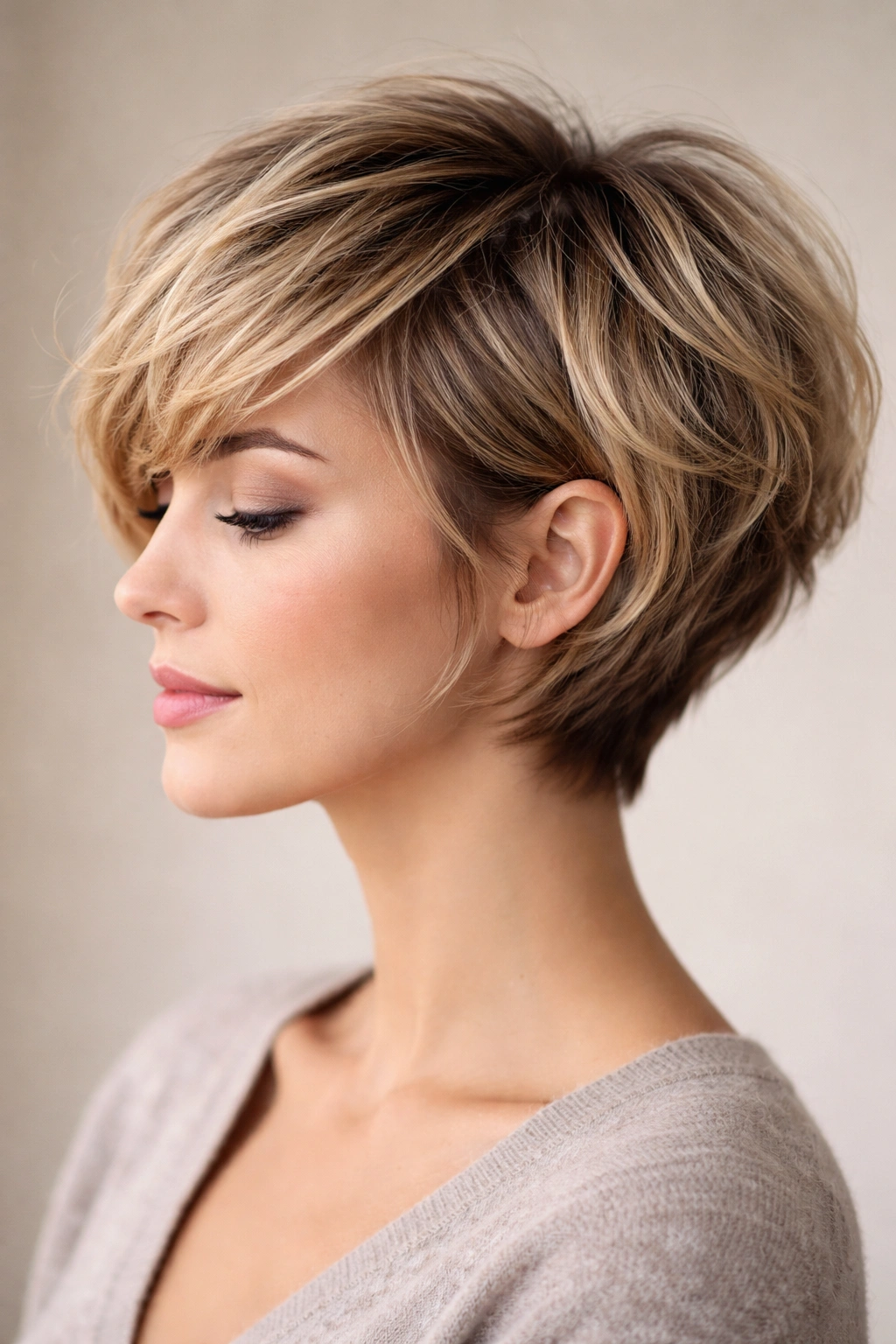 15 Haircuts That Shorten And Balance A Long Face 13 Close-up profile of textured pixie-bob hairstyle for long-face balance