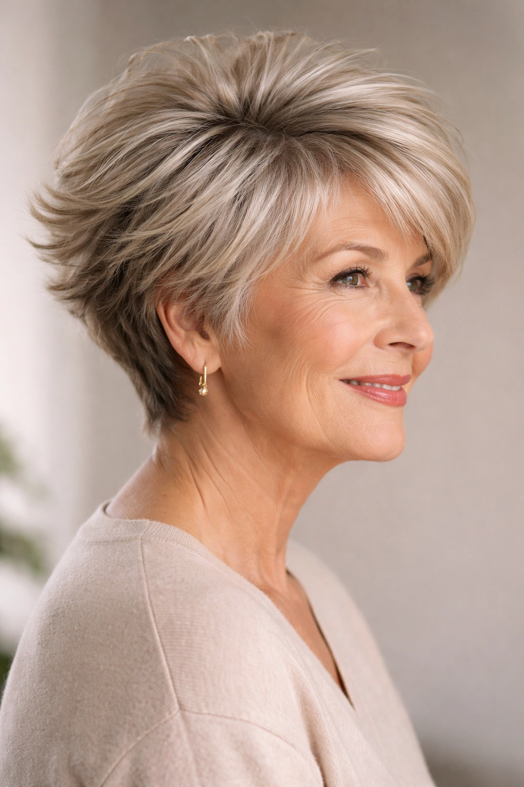 15 Hairstyles For Women Over 70 With Fine Hair 15 Profile view of a voluminous pixie-bob with outward flipped textured layers.