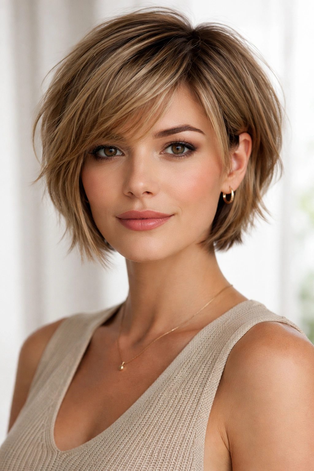 10 Hairstyles That Visually Shorten A Long Face 11 Pixie bob with chin-length cut and textured layers.