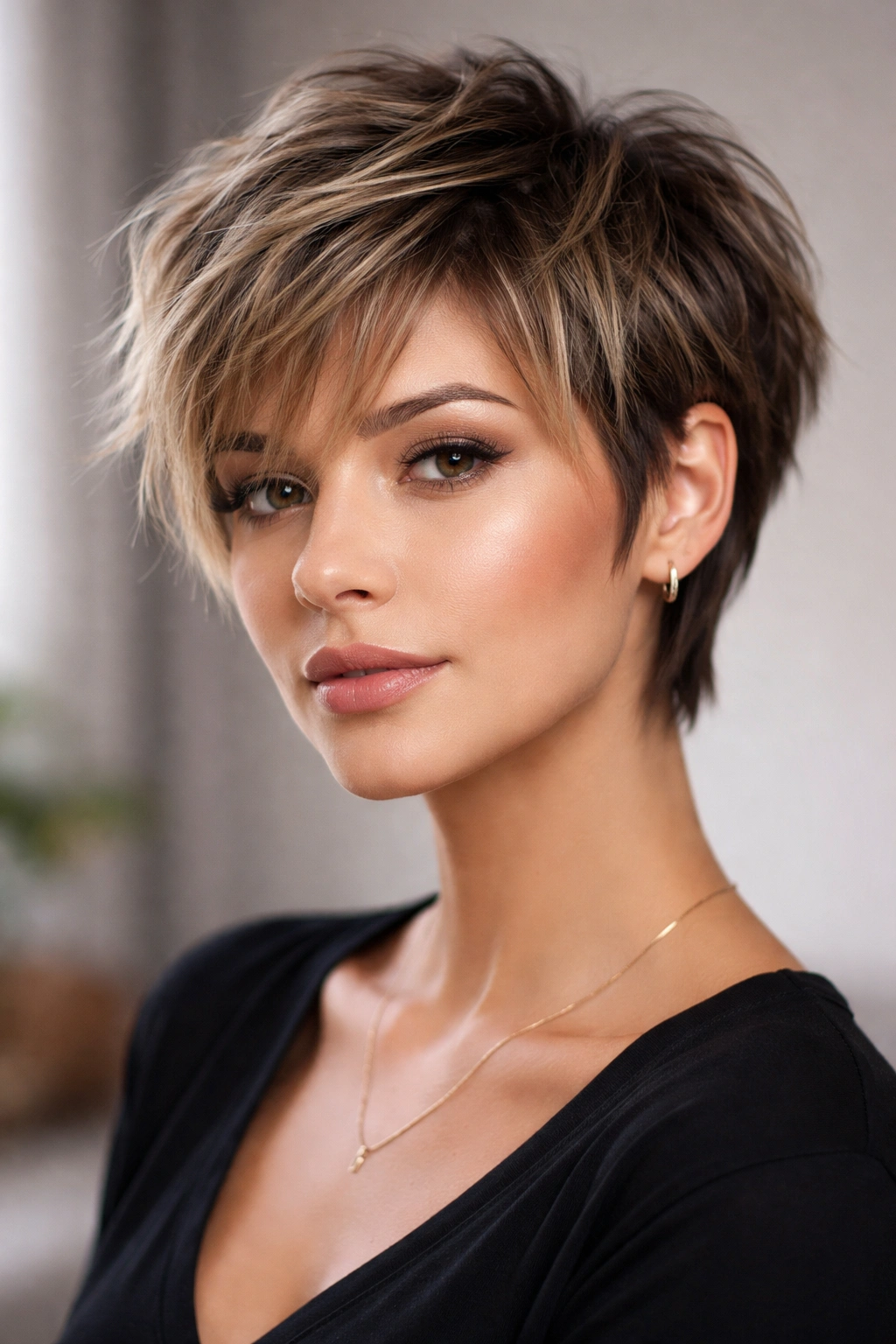 Short textured pixie-bob hybrid hairstyle with choppy layers and volume.