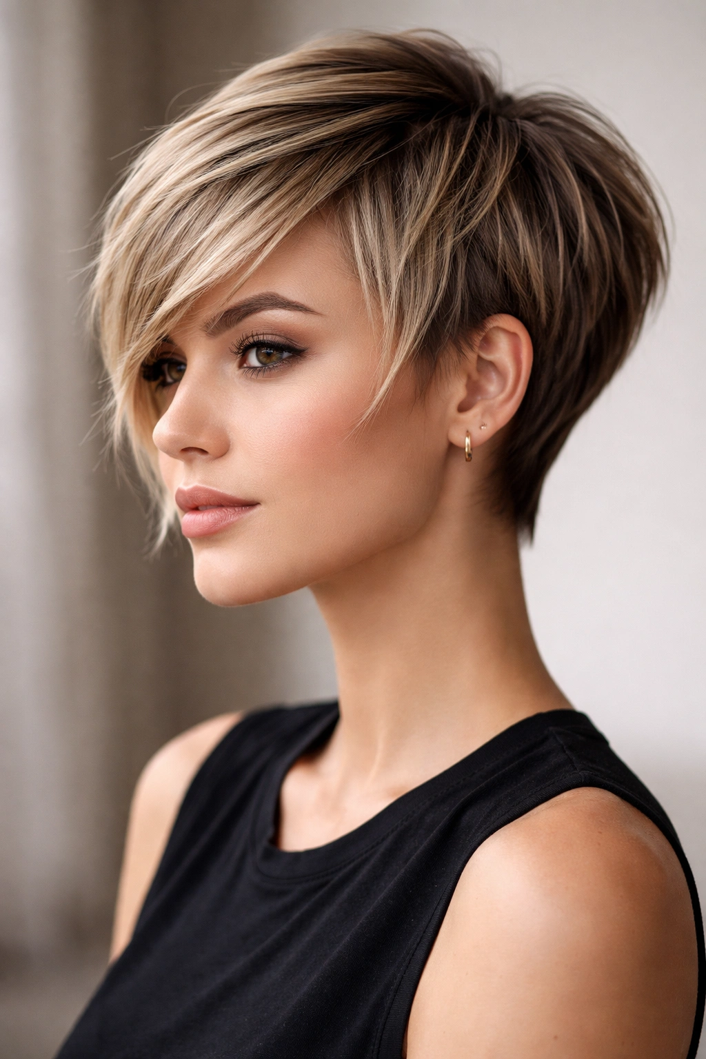 10 Layered Straight Short Cuts That Look So Clean 1 Close-up of The Sharp Textured Pixie Bob with choppy layers and side-swept fringe