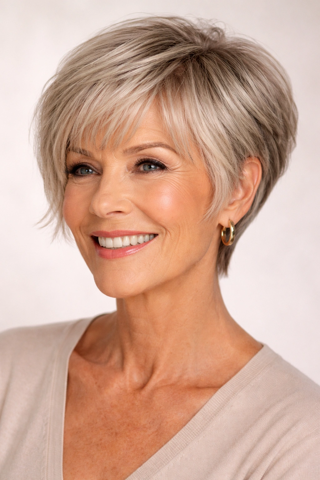 Portrait of a woman with pixie bob and textured bangs showing blend of short and longer layers