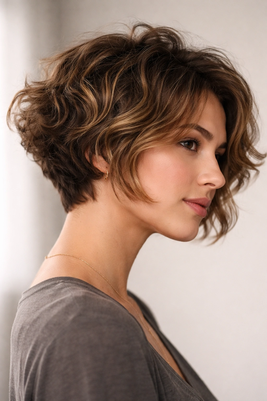 20 Curly Bob Haircuts That Flatter Every Face 2 Profile of model with textured pixie-bob hybrid showing short back and longer front