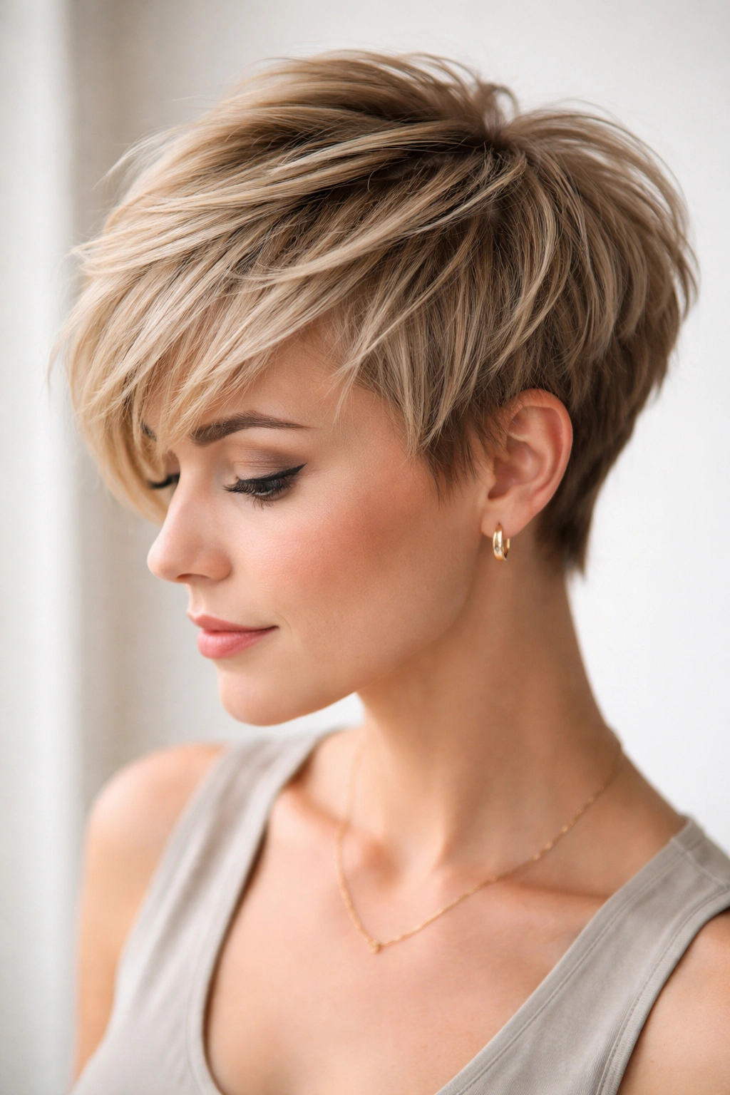 15 Layered Bob Haircuts For Thin And Thick Hair 2 Close-up of textured pixie-bob hybrid on a model with fine hair