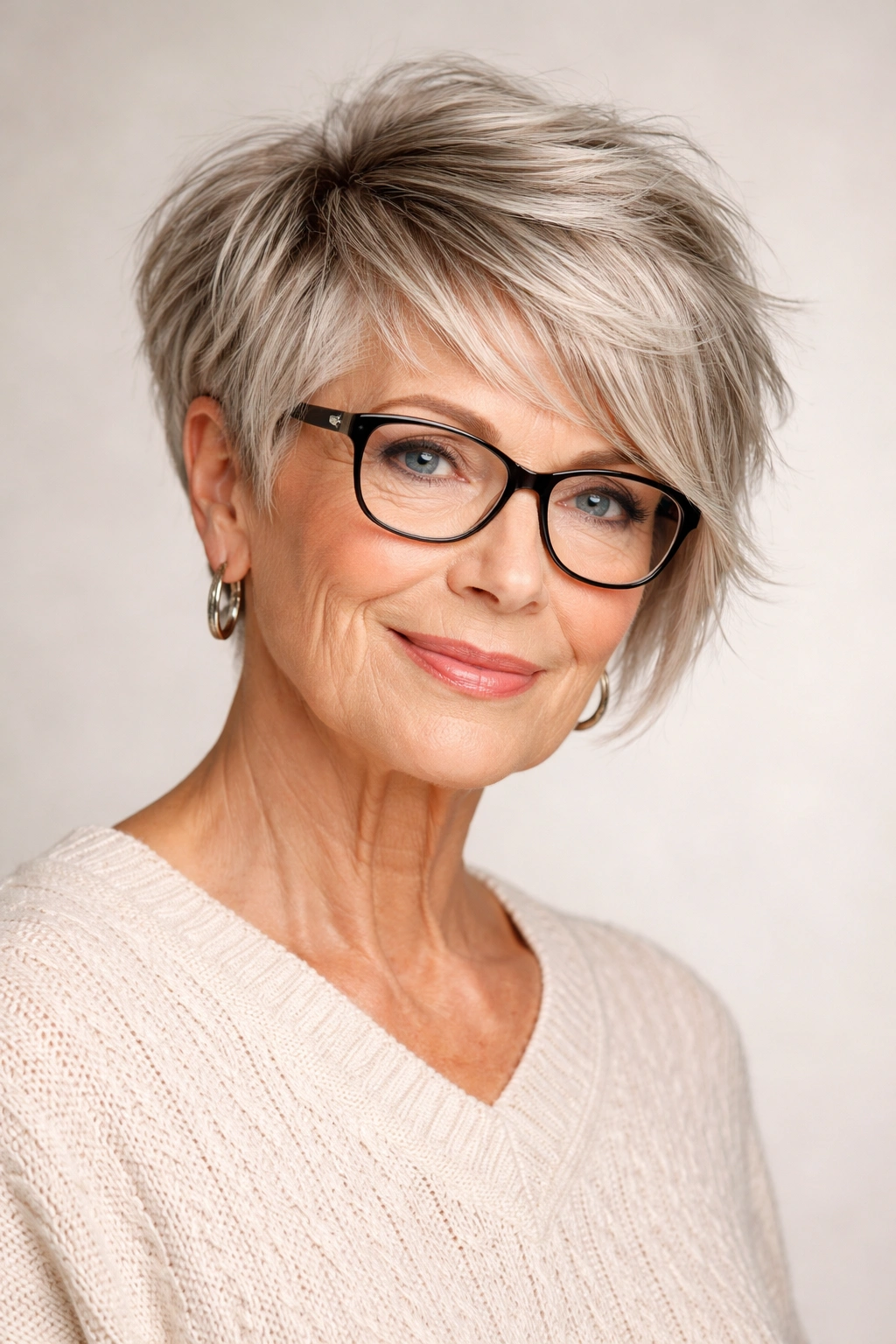 Portrait of a woman with textured pixie-bob and asymmetrical fringe
