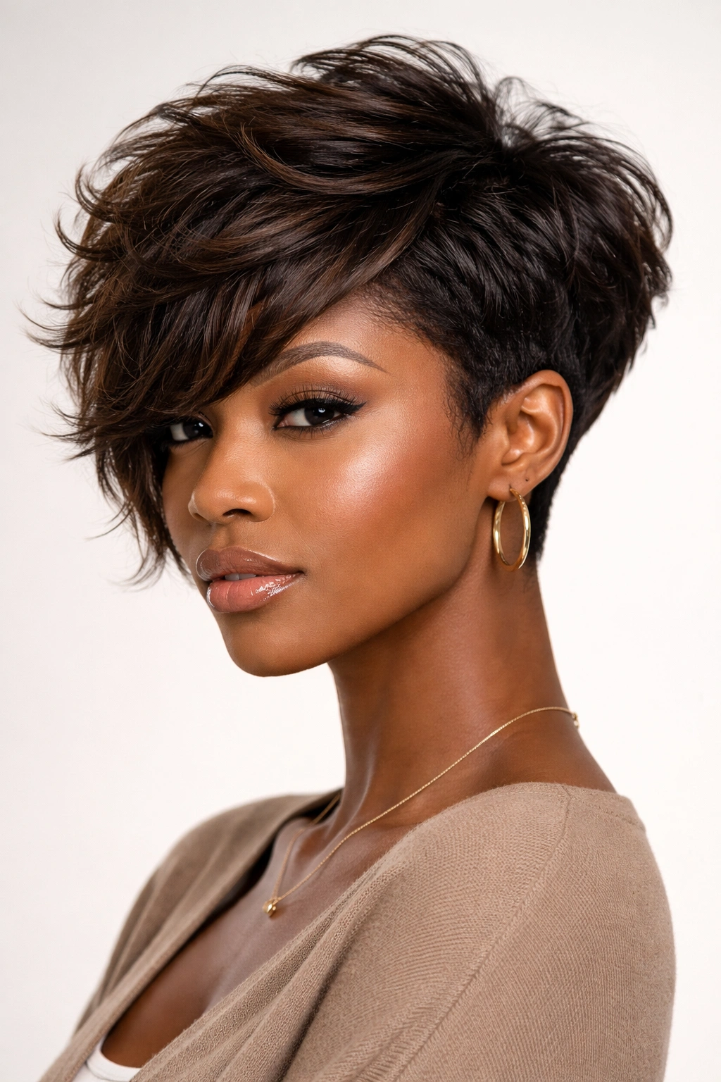 Textured pixie-bob hybrid with short back and longer front on textured hair.