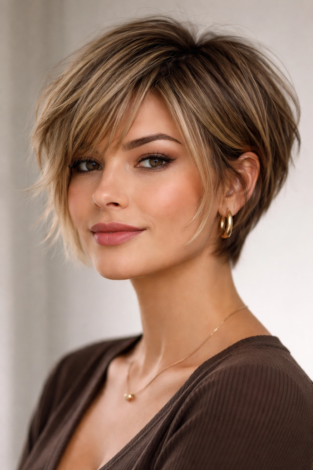 Close-up portrait of a textured pixie-bob hybrid hairstyle with chin-length layers
