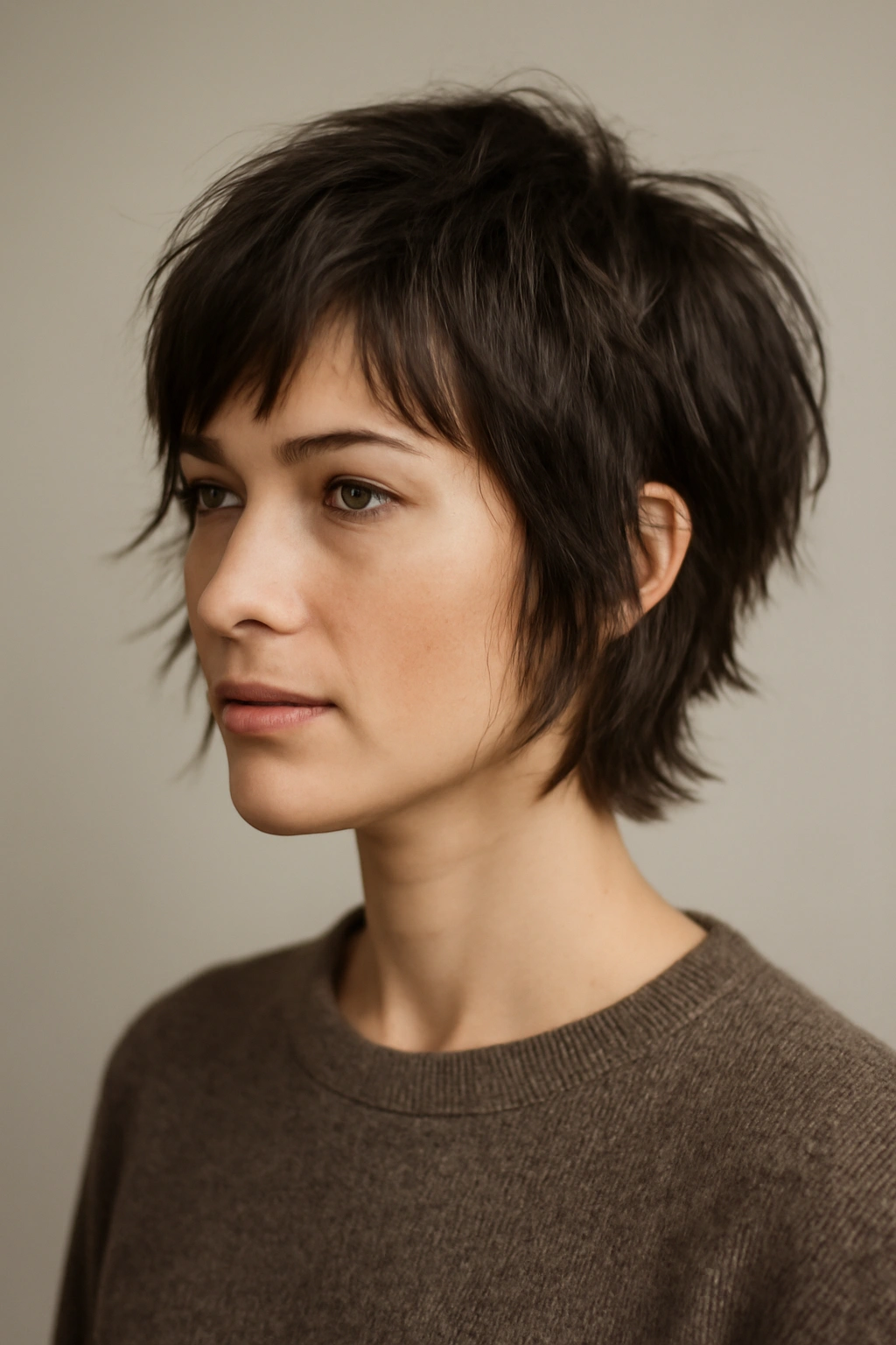 12 Cuts That Hit Right Above the Shoulders (And Look So Good) 7 Head-and-shoulders portrait of a model with a textured pixie-bob hybrid haircut featuring a short back and longer front pieces.