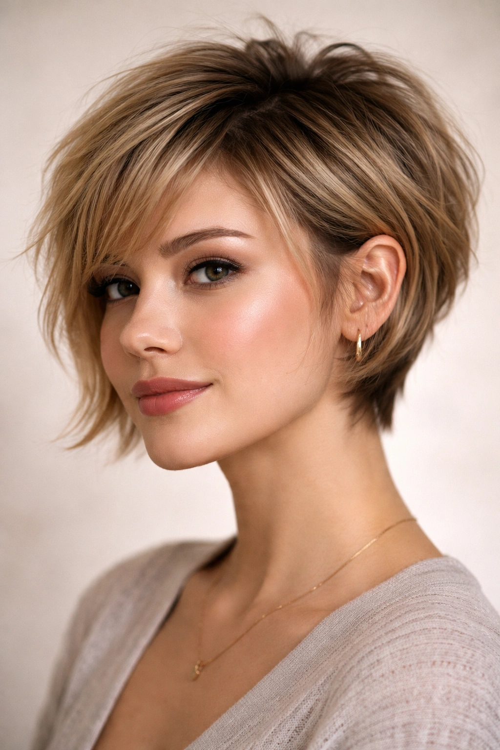 Close-up of a texture-rich pixie-bob on a round-faced person with fine hair