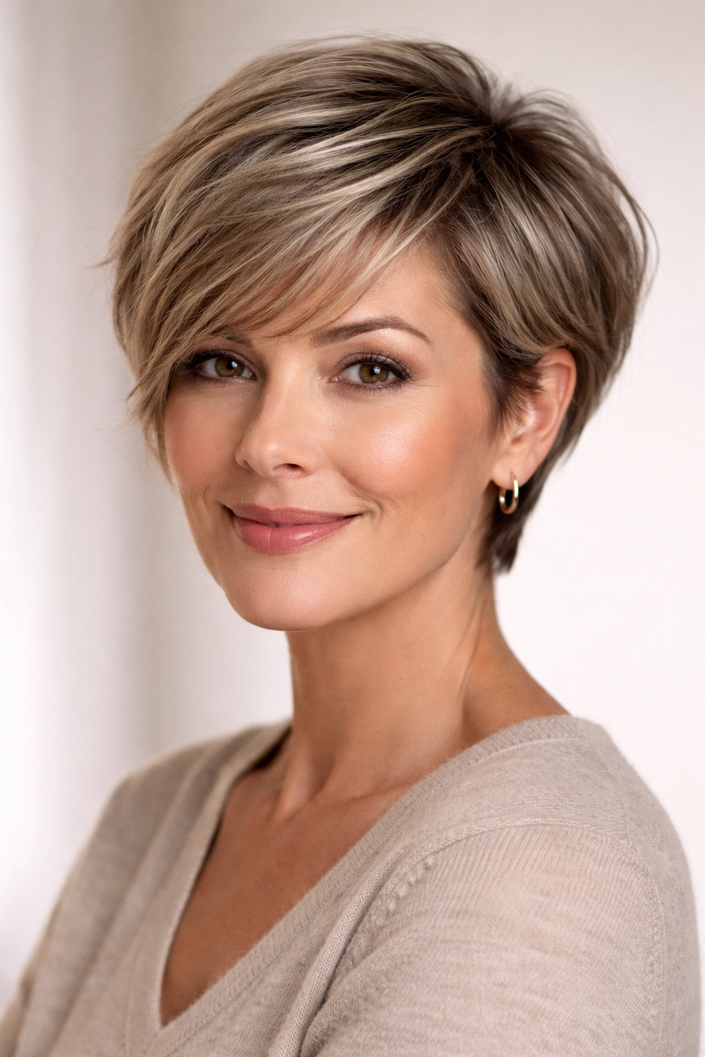 Close-up of a woman with a pixie-bob hybrid cut showing textured dimension.