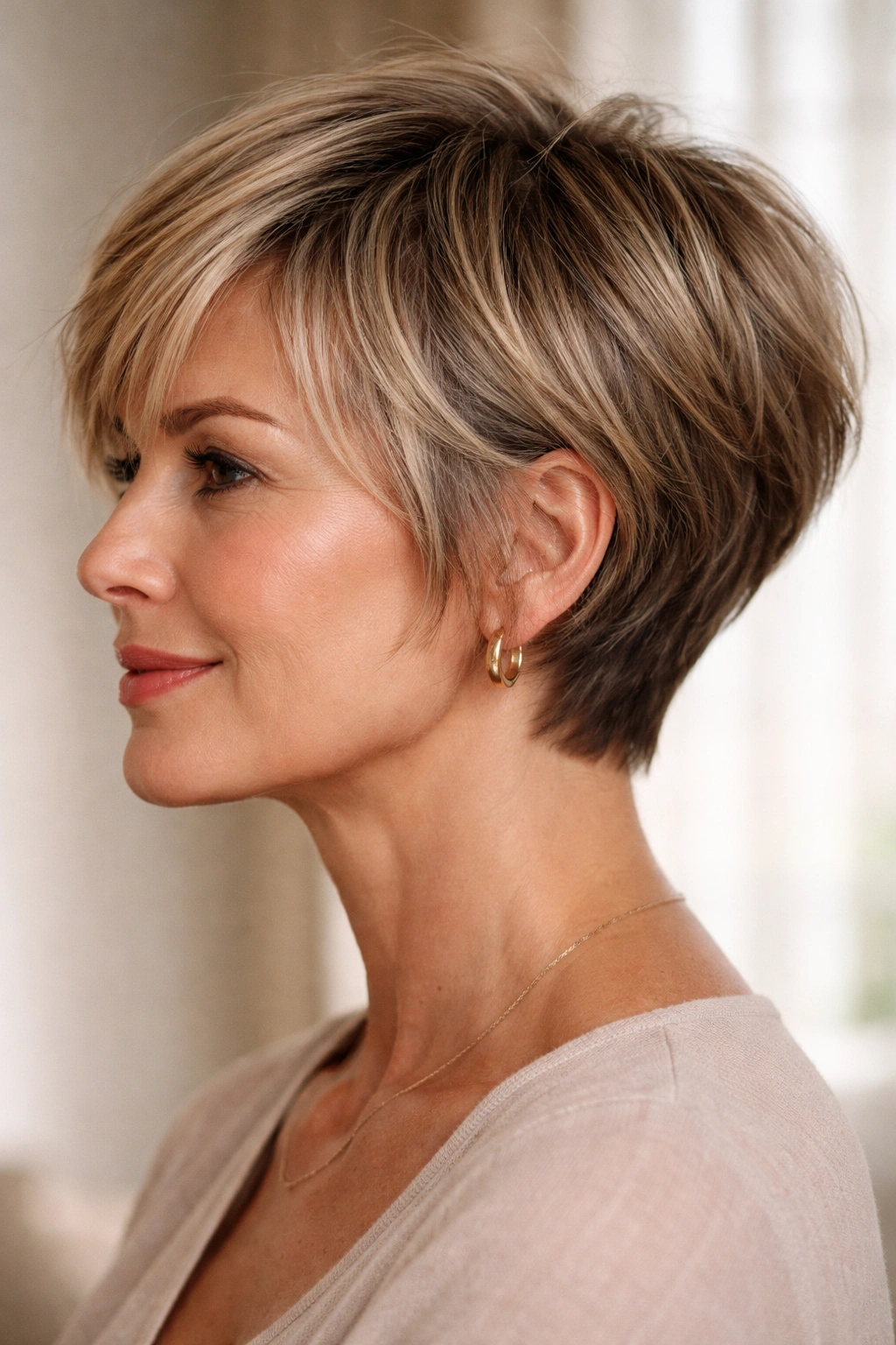 Pixie-bob hybrid hairstyle with short nape and longer face-framing layers.