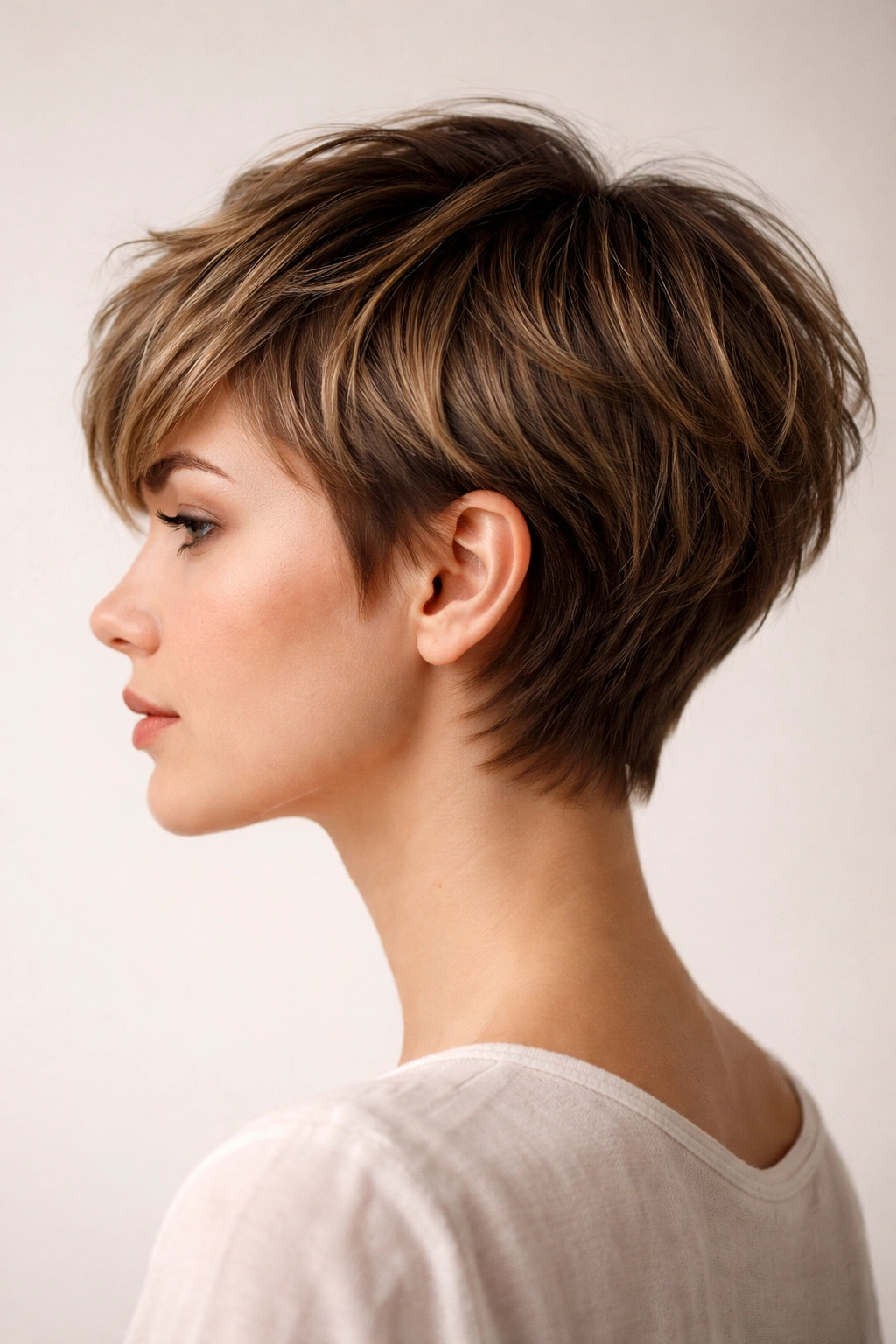 Textured pixie-to-bob transition with shorter front and longer back layers