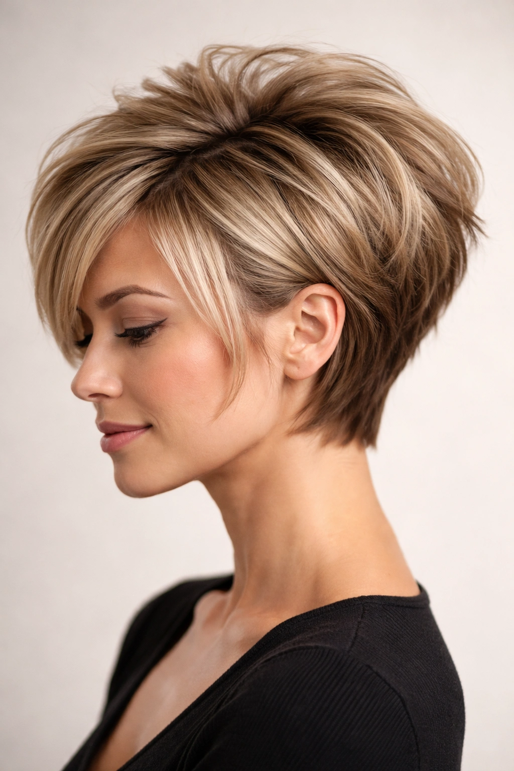 Three-quarter view of voluminous pixie-top hybrid hairstyle above a chin-length bob